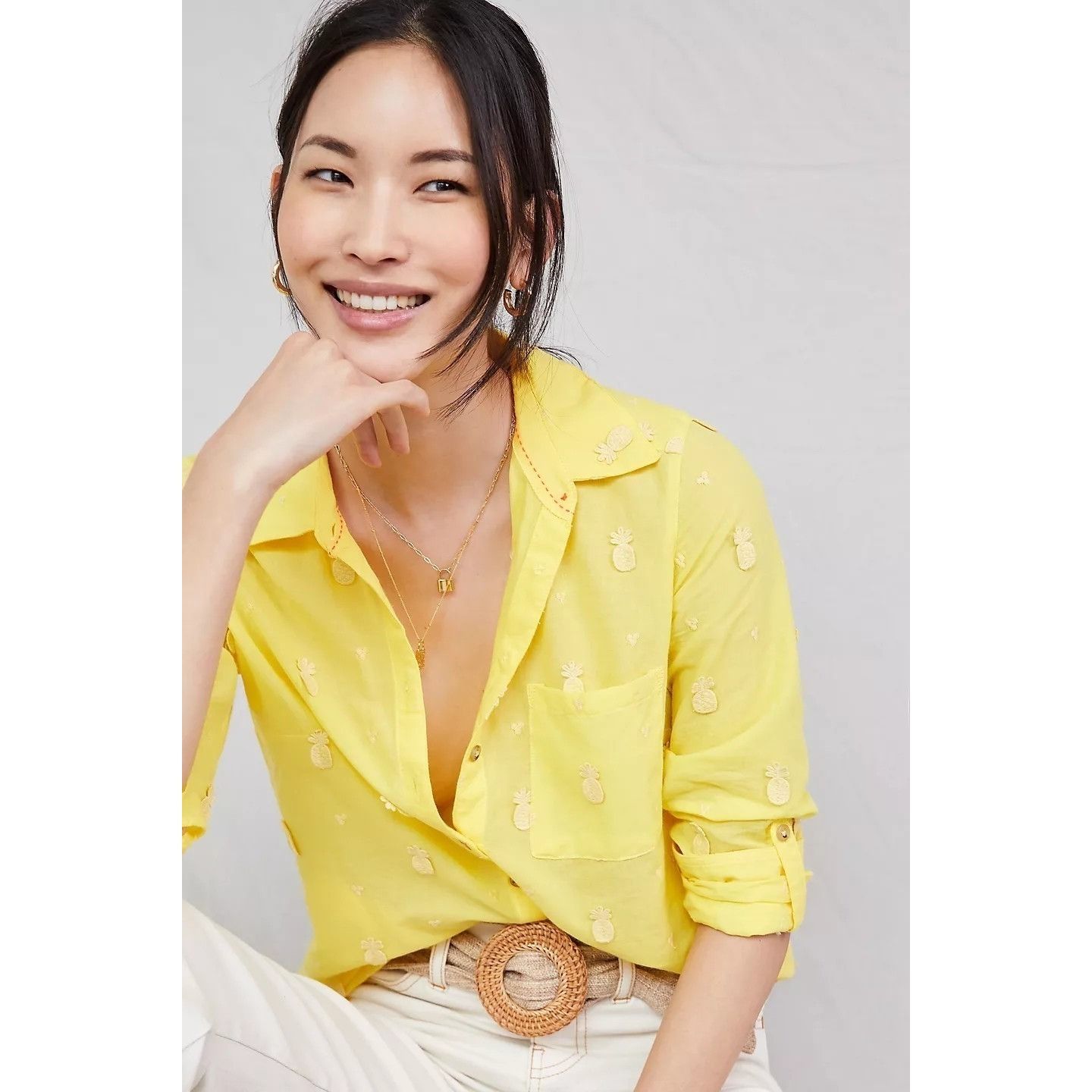 Anthropologie Maeve Yellow Whimsical Pineapple Embroidery Button-Down Shir Size XS / US 0-2 / IT 36-38 - 1 Thumbnail