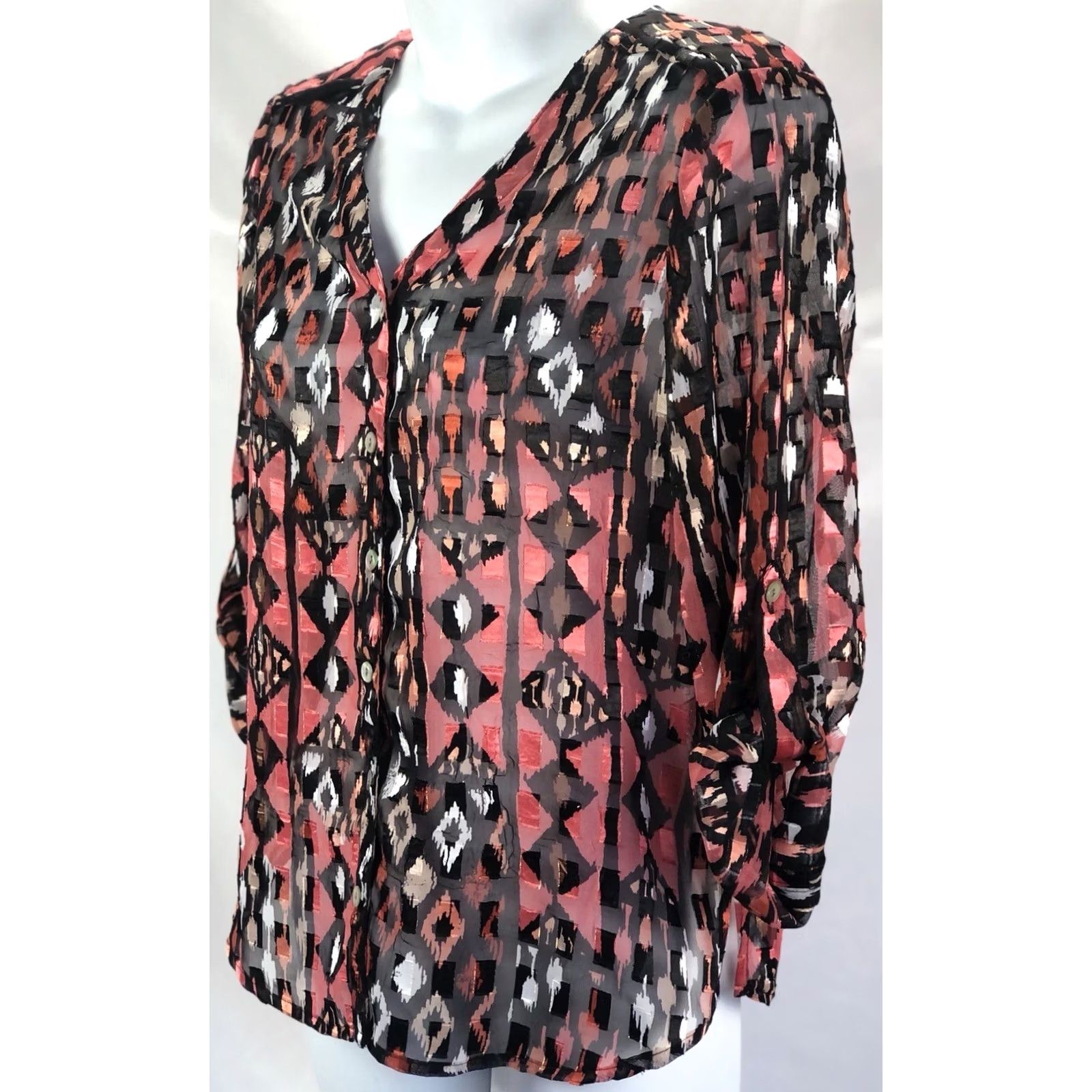 Vintage Vintage Sheer Chiffon Top 4P Blk/Orange Aztec Mod LongSleeve RollTab Boho Grunge Size S / US 4 / IT 40 - 3 Thumbnail