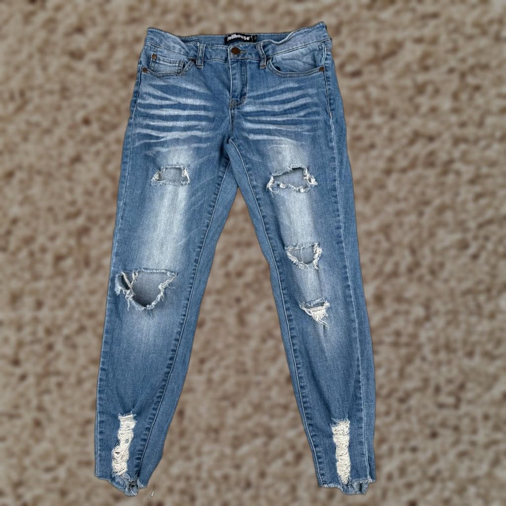 Vintage Dollhouse Jeans Juniors 9 Denim Blue Skinny Tapered Distressed 28x26 Jeans Womens Girls Mens Size 30" / US 8 / IT 44 - 1 Thumbnail