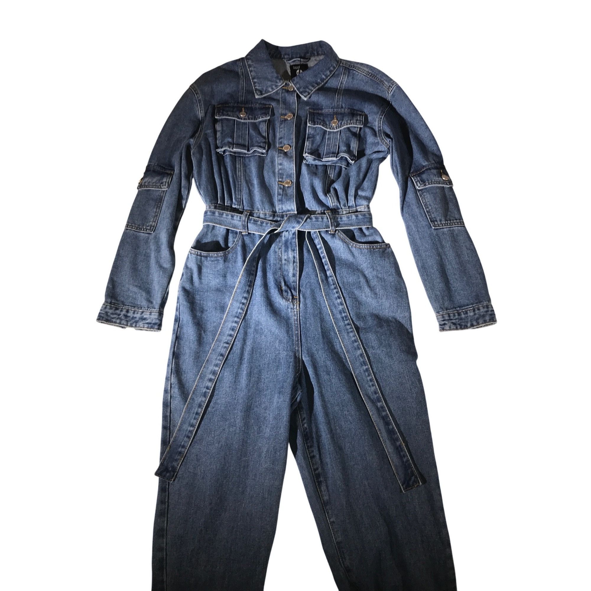 Boohoo Boohoo Tall Belted Mid Blue Cargo Denim Boilersuit Size 32" / US 10 / IT 46 - 2 Thumbnail