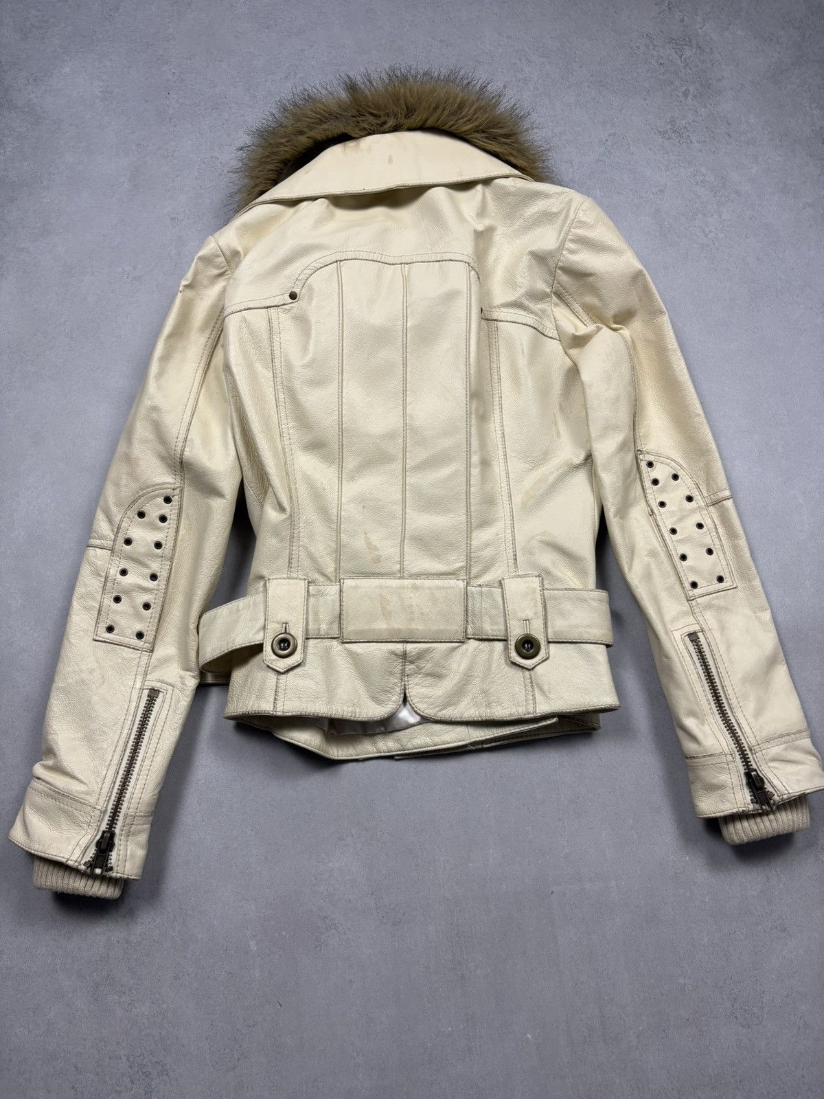 Japanese Brand Vintage Leather Jacket Faux Fur Collar Belted Biker Y2K Hype Size S / US 4 / IT 40 - 8 Thumbnail