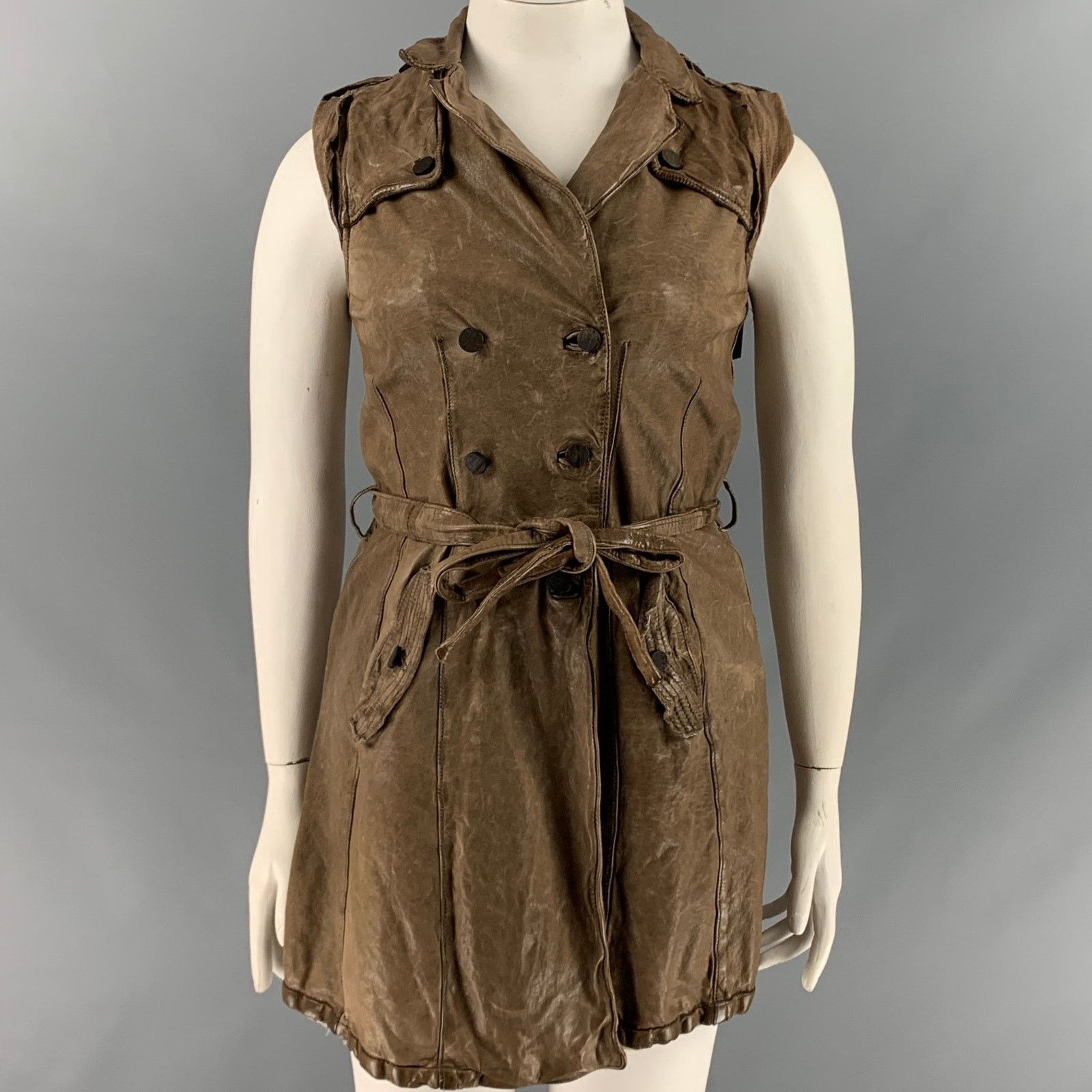Giorgio Brato GIORGIO BRATO 10 Brown Taupe Leather Distressed Belted Vest Size L / US 10 / IT 46 - 1 Thumbnail