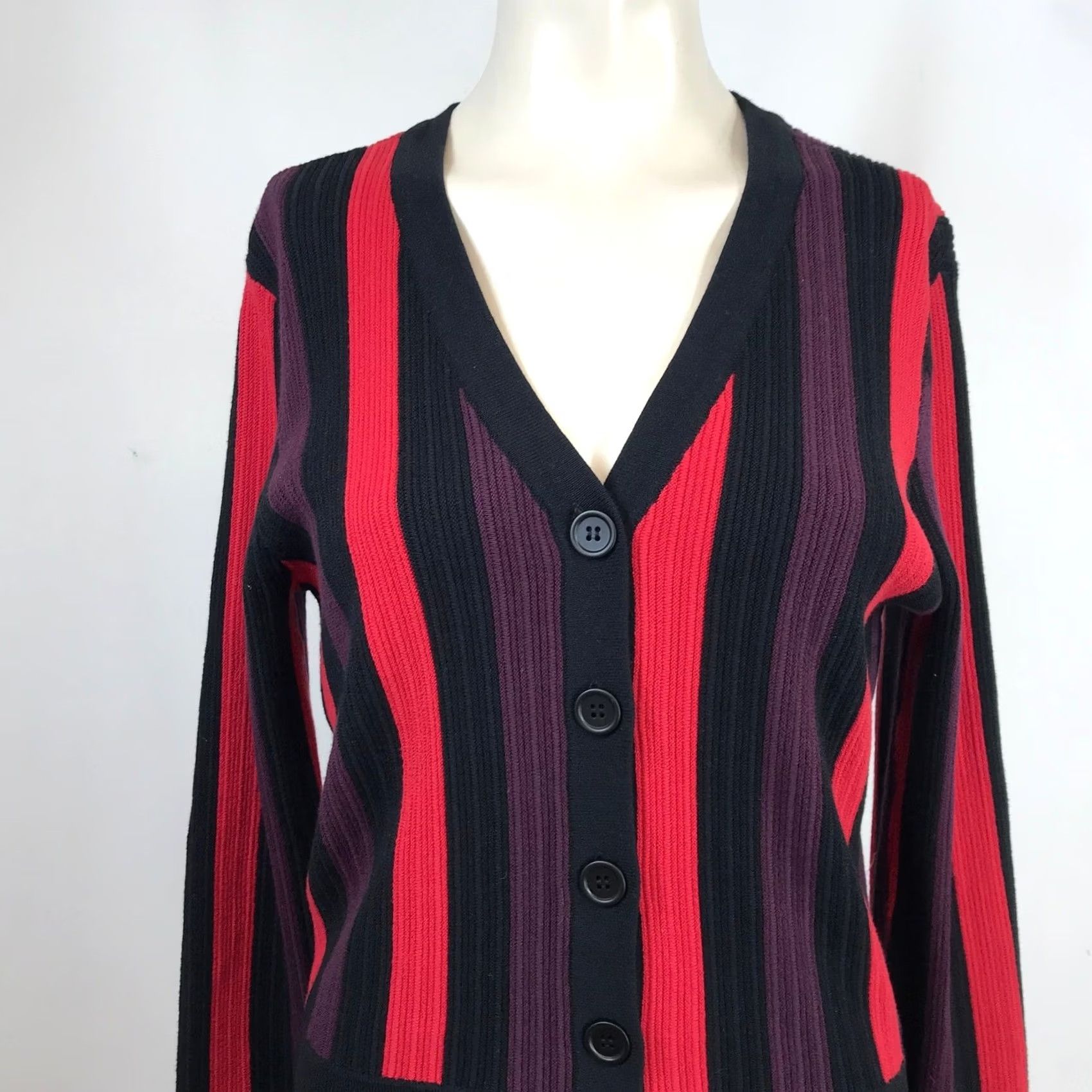 Vintage Cabi 3538 Cardigan Sweater V-Neck Ribbed Vertical Stripe Red Purple Black Wms M Size M / US 6-8 / IT 42-44 - 2 Thumbnail