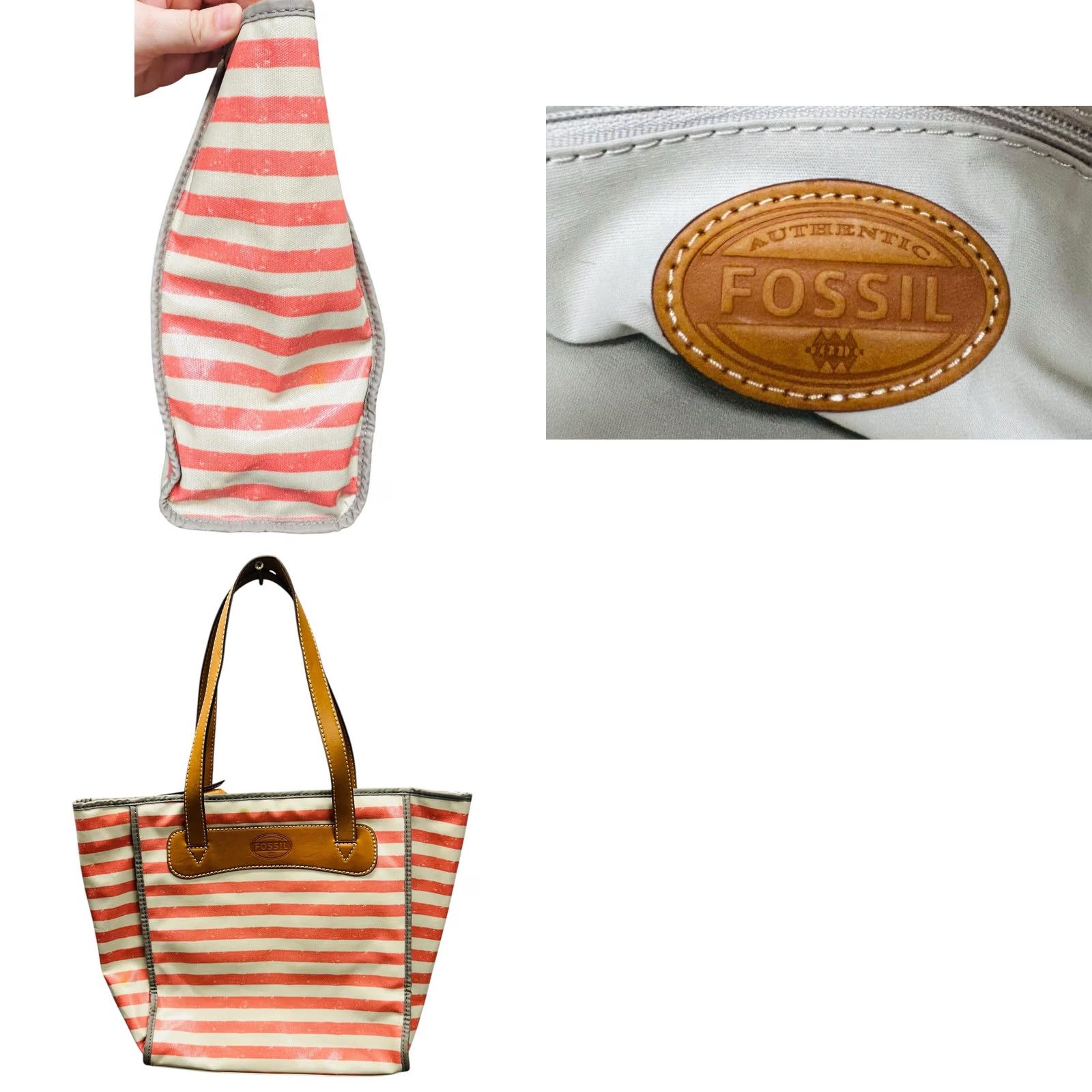 Fossil Fossil Coral Multi Pink Striped Shoulder Bag Women Tote Purse W/ Defects, New, with Stain On Top & Bottom, Email Pictures for Details Size ONE SIZE - 11 Thumbnail