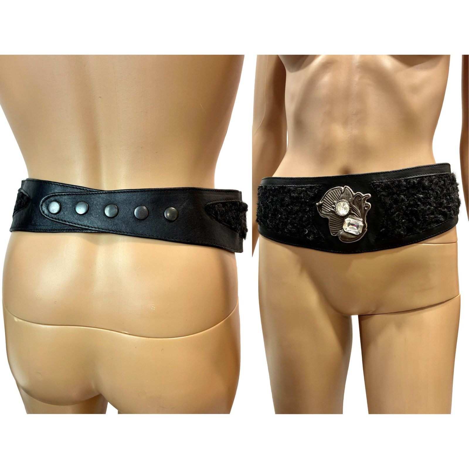 Genuine Leather × Vintage 80s GLAM Black Leather Persian Lamb Wide Waist Belt Size ONE SIZE - 7 Thumbnail