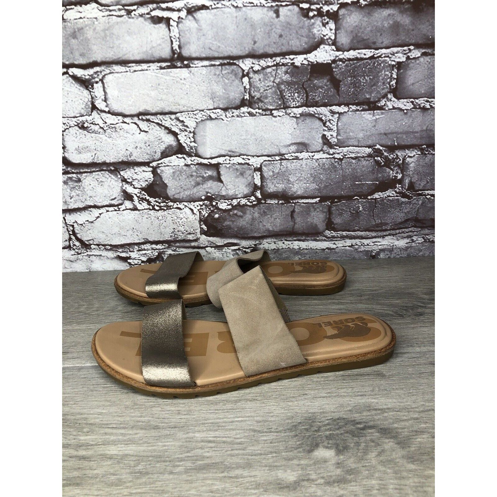 SOREL Sorel Taupe Suede Gold Leather Slides Sandals Women Sz 8.5M Size US 8.5 / IT 38.5 - 10 Thumbnail