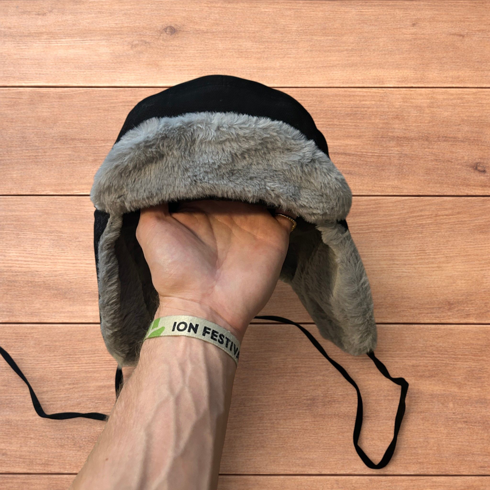 Japanese Brand Russian trapper ear flap hat in black/grey colour way. Size ONE SIZE - 1 Thumbnail