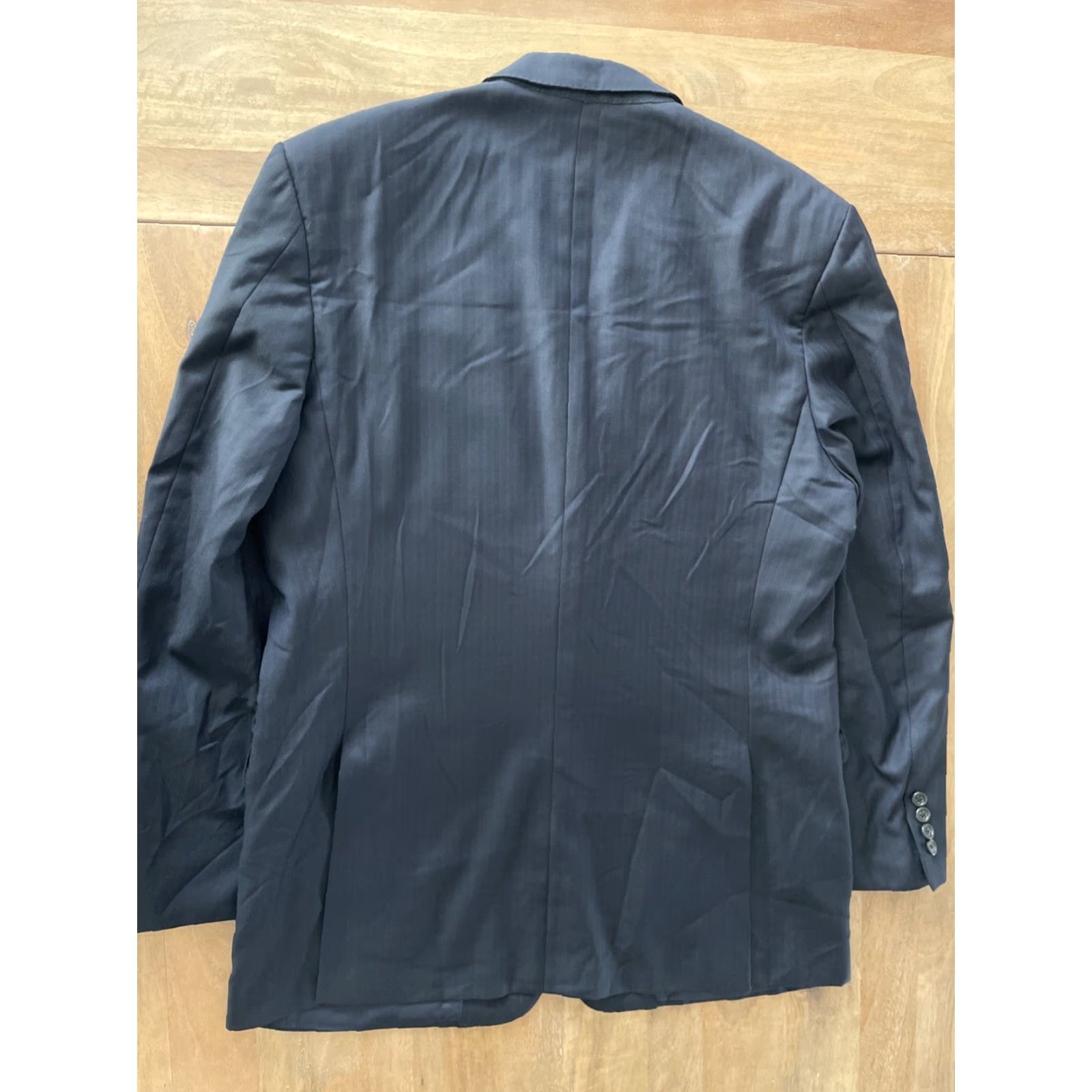 Vintage Hickey Freeman Blazer Mens Wool Stripe Dark Blue 44R Wool Notch Double-Vented 2-Button Front Suit Jacket Coat USA Modern/Classic Dress Suit Size 44R - 2 Thumbnail