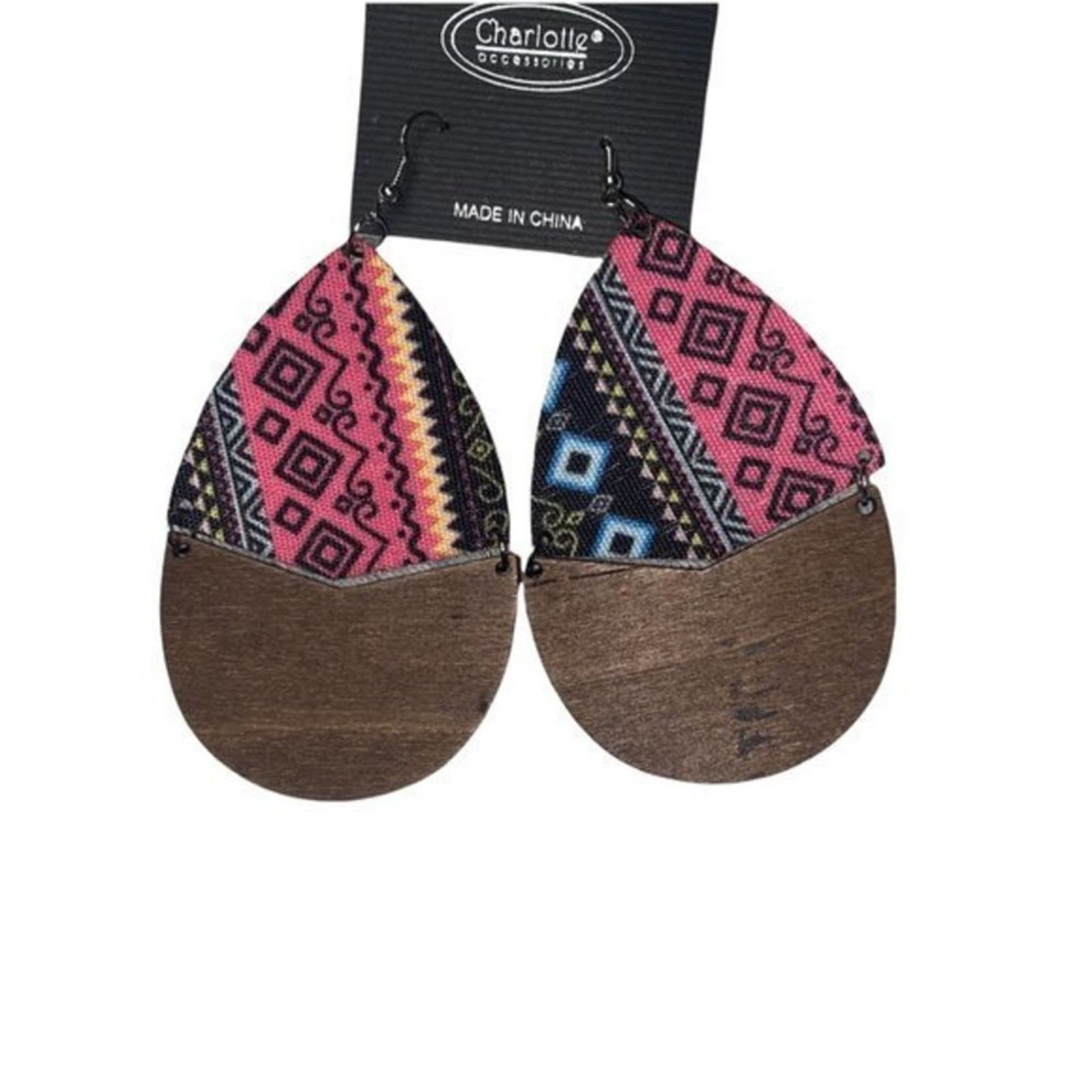 Other NWT Wooden Fabric Covered Boho Aztec Dangle Earrings Pink Size ONE SIZE - 2 Thumbnail