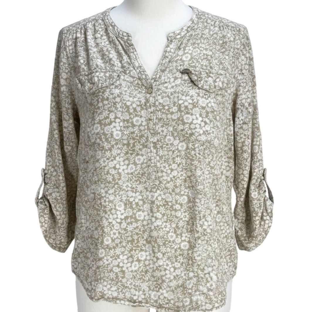 Vintage St Johns Bay Blouse XL Beige White Long Sleeve Floral Cotton Blend Tunic Womens Size XL / US 12-14 / IT 48-50 - 2 Thumbnail