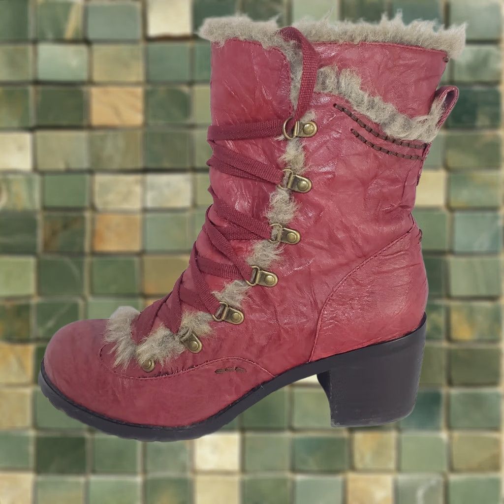 Vintage BC Womens Red Heeled Ankle Boot Lace Up Faux Fur Sz 8.5 Festive Bootie Size US 9 / IT 39 - 1 Thumbnail