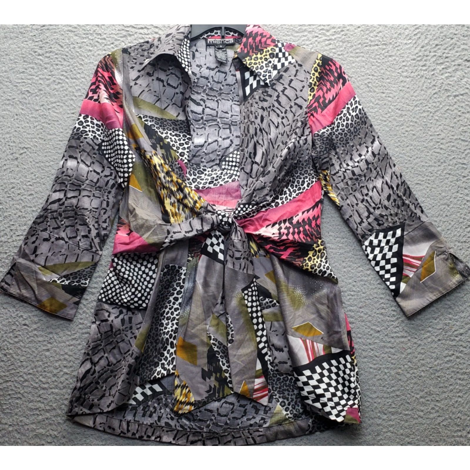 Vintage Mishca Womens Size S Multi Leopard Print Collared Tie Waist Open Front Mini Dress - Casual, Party/Cocktail Size S / US 4 / IT 40 - 2 Thumbnail