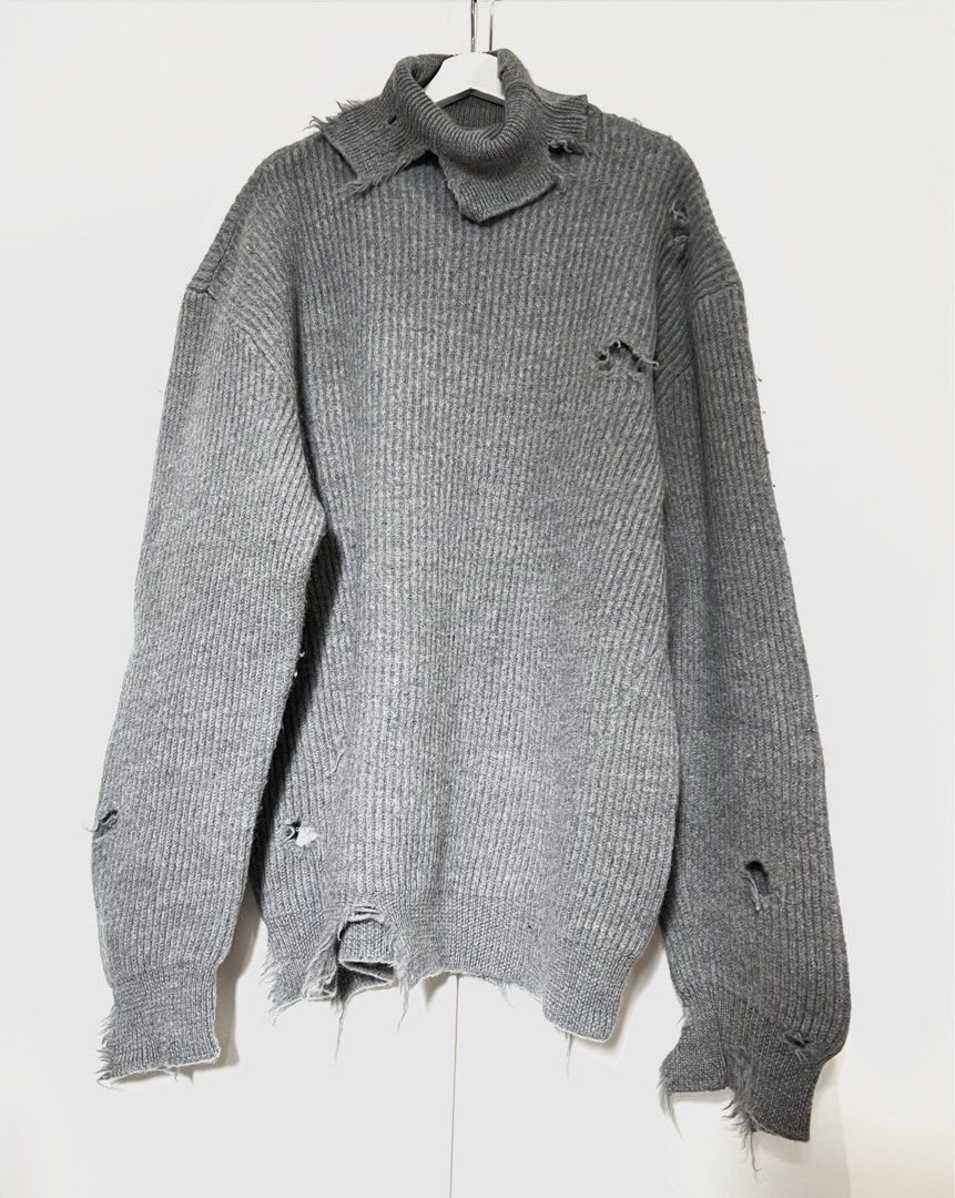 image of Designer Hed Mayner Destroyed Turtleneck Sweater in Grey, Women's (Size Large)