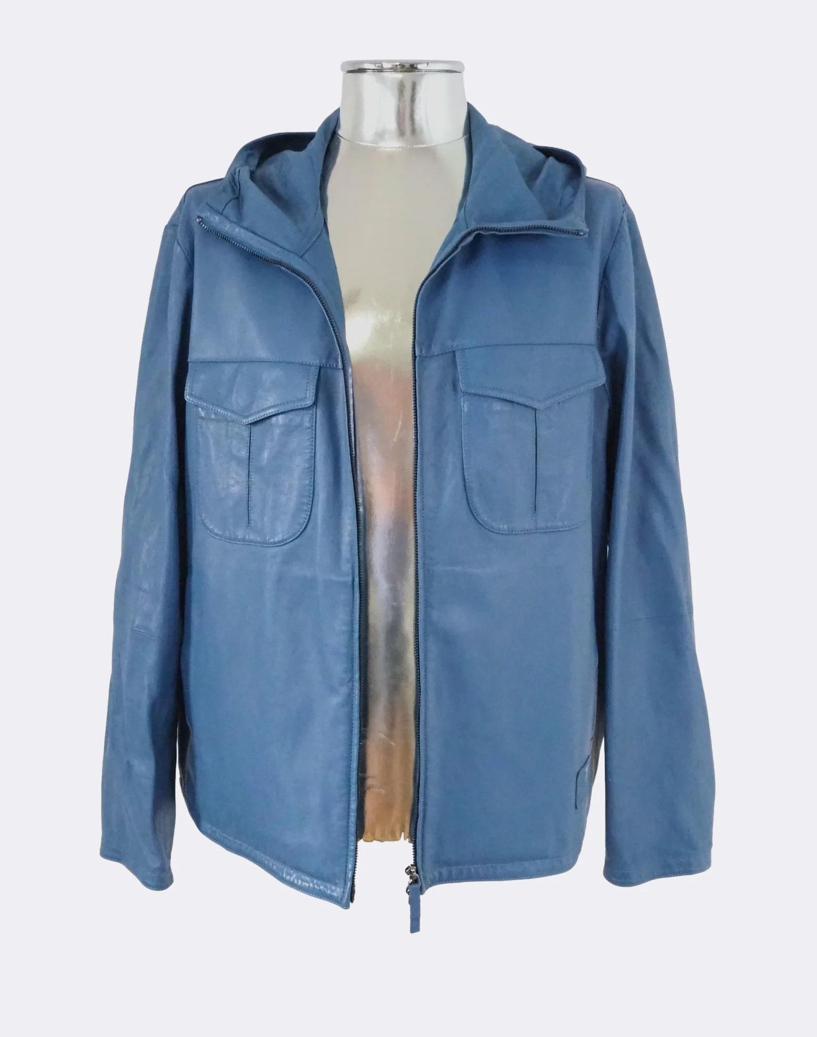 Emporio Armani Light Blue Hooded Zip-Front Leather Jacket $1175 Size US L / EU 52-54 / 3 - 1 Thumbnail
