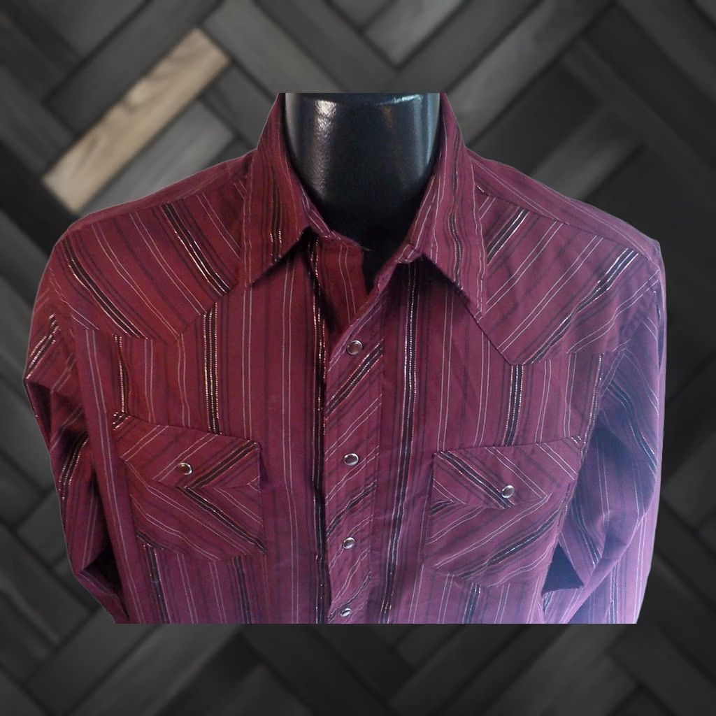 Wrangler WRANGLER Western Fashion Snap Shirts Striped Burgundy/Black/Silver Metallic Cotton Blend Size L Mens Size US L / EU 52-54 / 3 - 1 Thumbnail