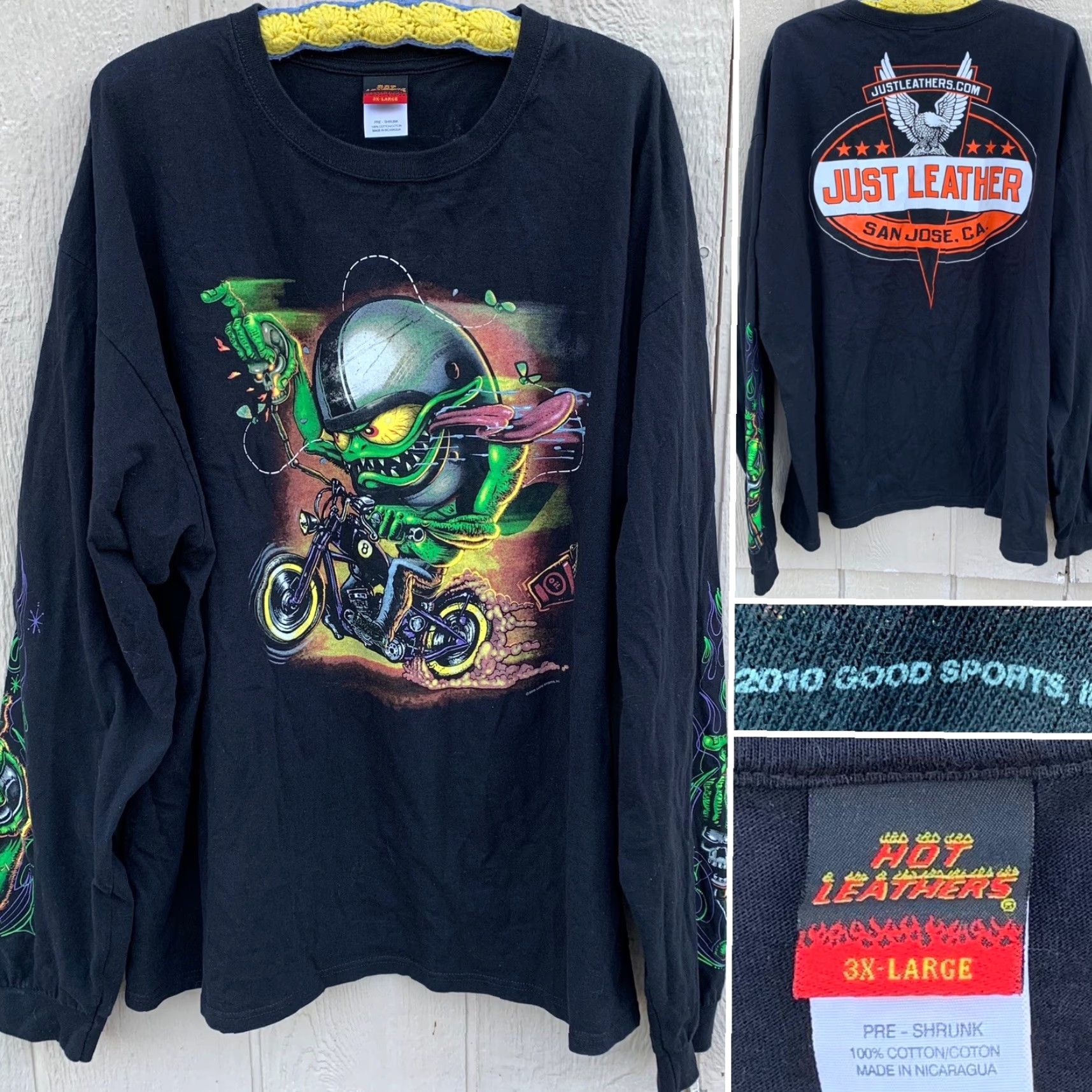 Vintage Just Leathers San Jose T-Shirt Long Sleeve Graphic Print 3XL Black Cotton Mens Shirt Crew Neck Biker Theme Size US XXL / EU 58 / 5 - 2 Thumbnail