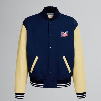 image of Marni O1W1Db10524 Varsity Leather Jacket In Beige /blue in Beige/Blue, Men's (Size Medium)
