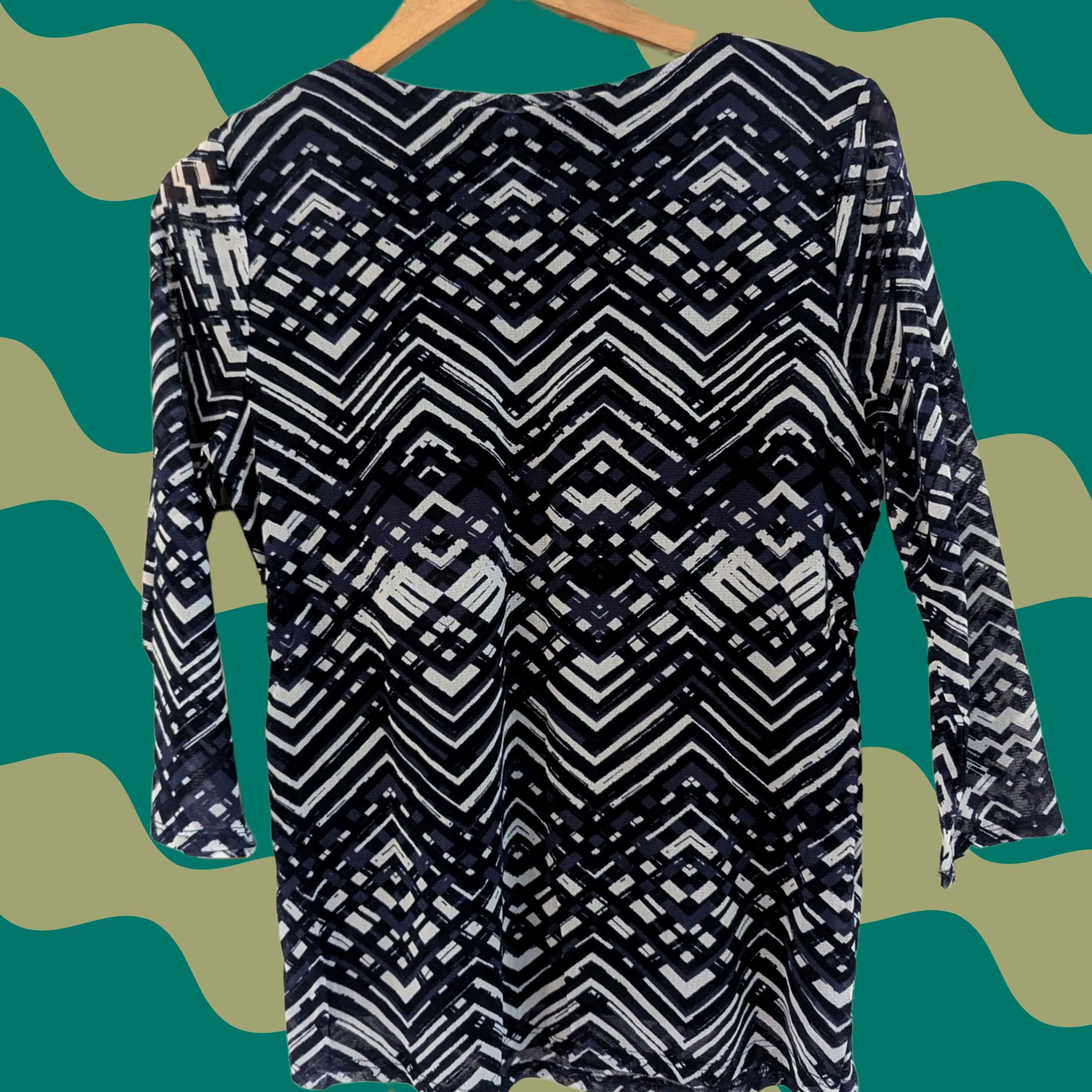 Alfani Alfani Blouse Geometric Print 3/4 Sleeve Scoop Neck Lightweight Stretch Womens L Blue (Geometric) Size L / US 10 / IT 46 - 1 Thumbnail