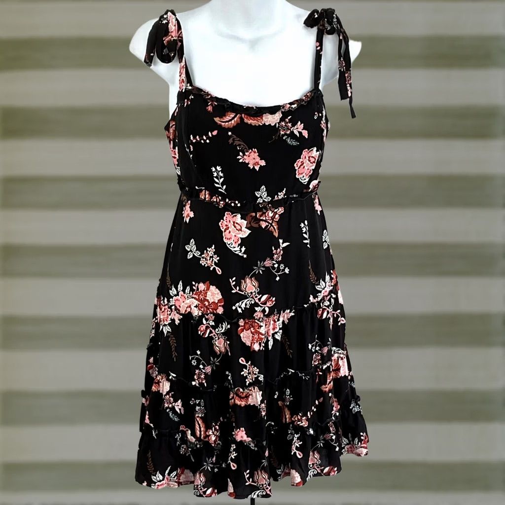 Vintage Birch & Stone Sun Dress S Blk Floral Ruffles Strappy Cut Out Tie Bow Back Dress - Womens, Sleeveless, Knee Length, Bohemian, Spring/Summer Size S / US 4 / IT 40 - 1 Thumbnail