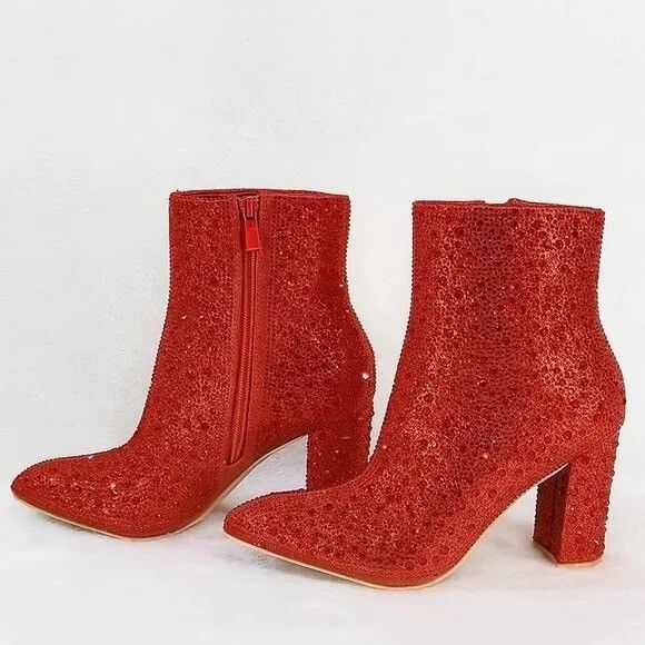 Crystel Red Rhinestone Block Heel Sparkling Ankle Boots (US