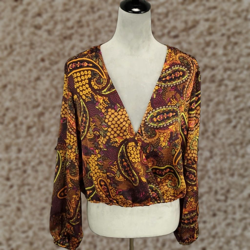 Jessica Simpson New Womens Top Large Deep Mahogany Paisley Confetti V Neck NWT Marisol Jessica Size L / US 10 / IT 46 - 1 Thumbnail