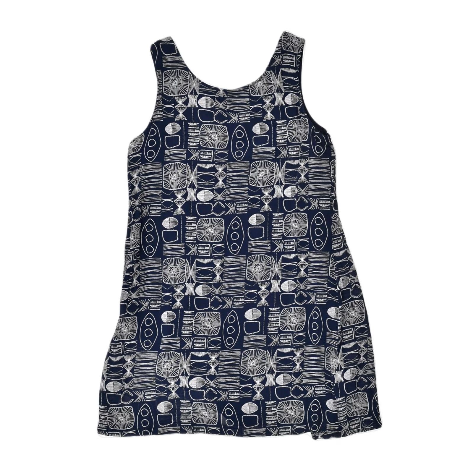 Vintage VINTAGE Womens Basic Dress EU 38 Small Navy Blue Geometric Viscose Size S / US 4 / IT 40 - 2 Thumbnail