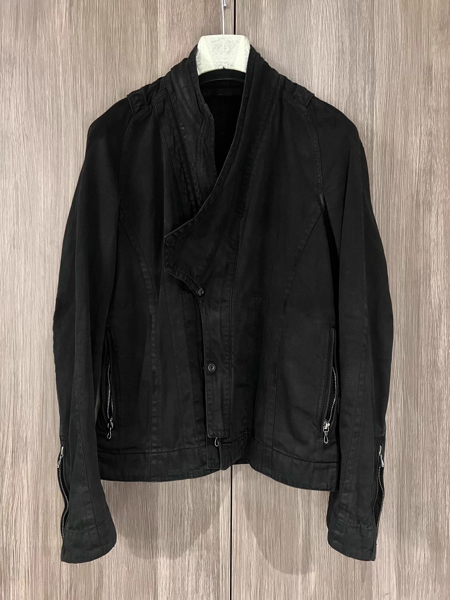 Julius 7 distressed denim jacket with a robe collar