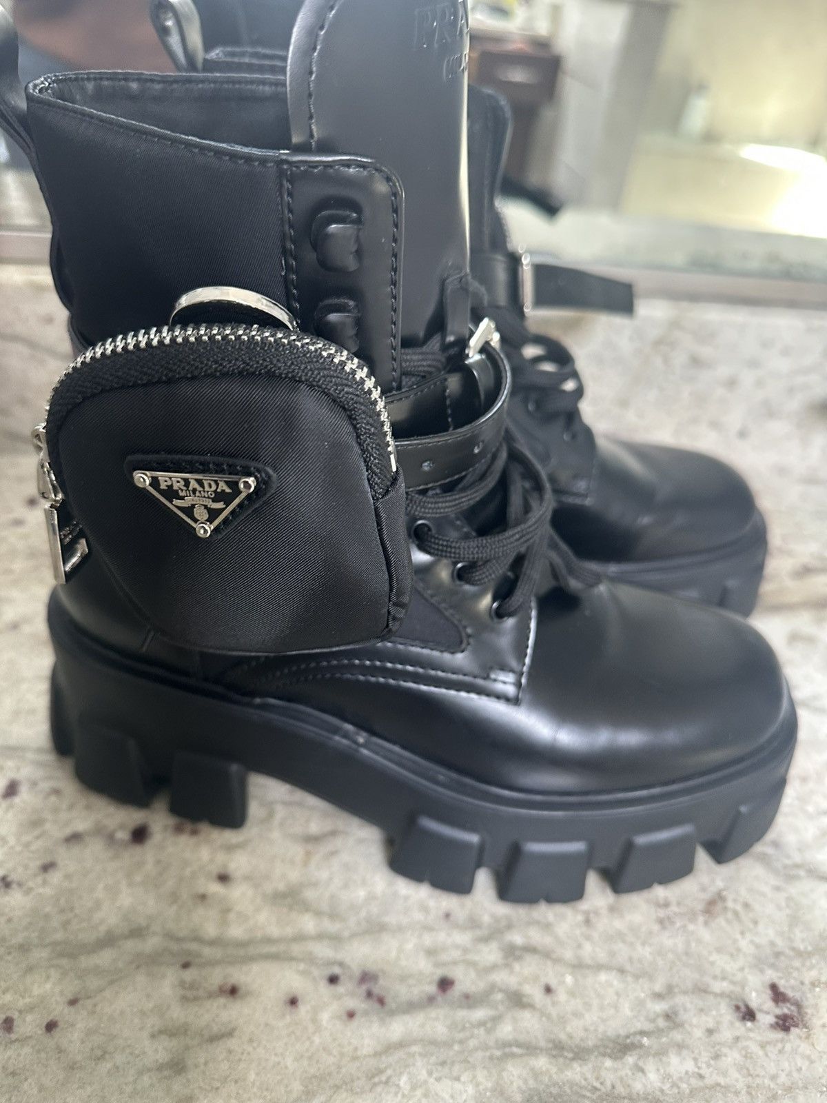 Prada Prada Black Men's Re-Nylon & Leather Zip Pocket Combat Boots Size US 8 / EU 41 - 2 Thumbnail