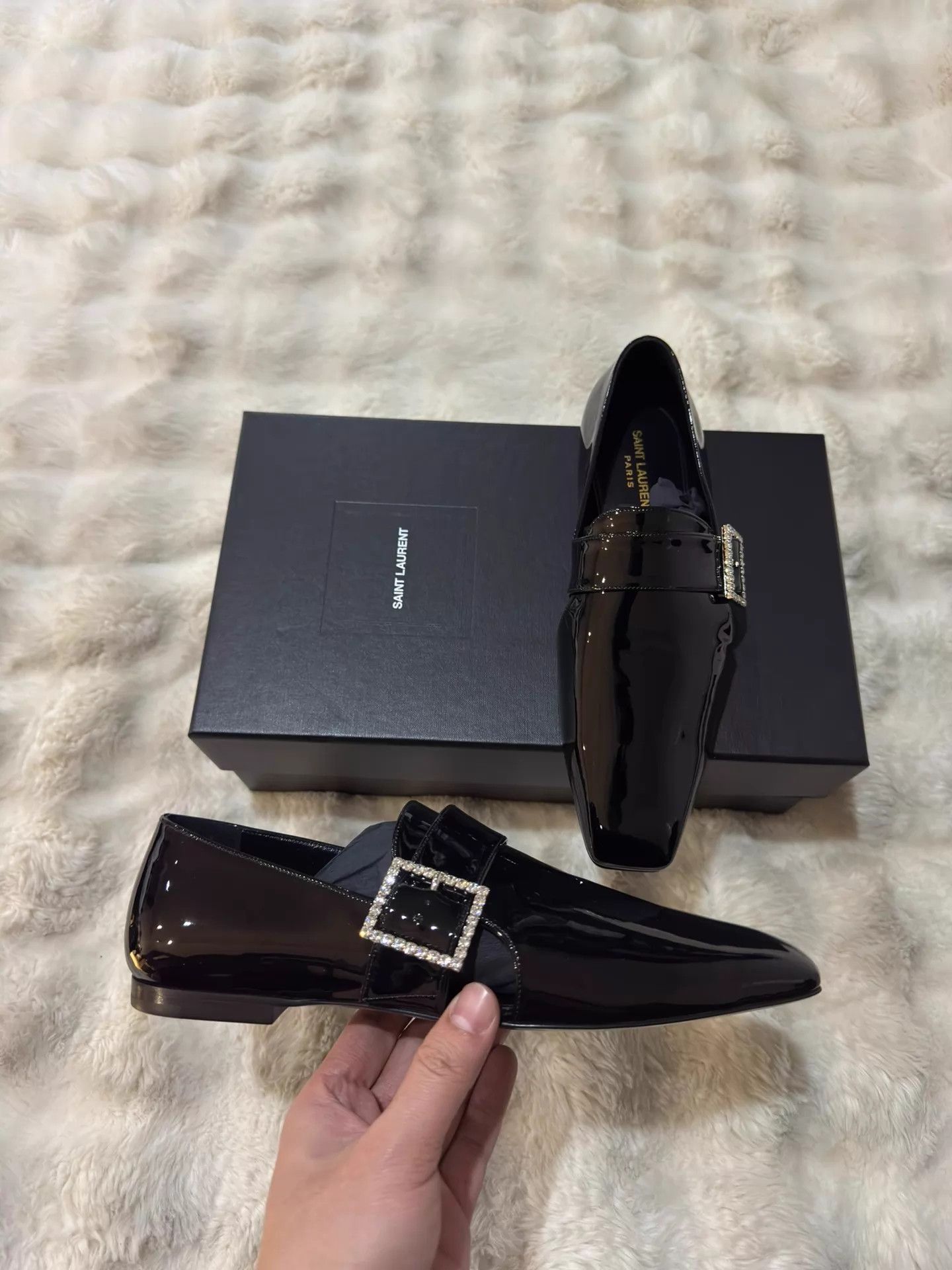 Saint Laurent Paris SLP Men's Crystal Square Buckle Patent Loafers 40 Size US 7 / EU 40 - 2 Thumbnail