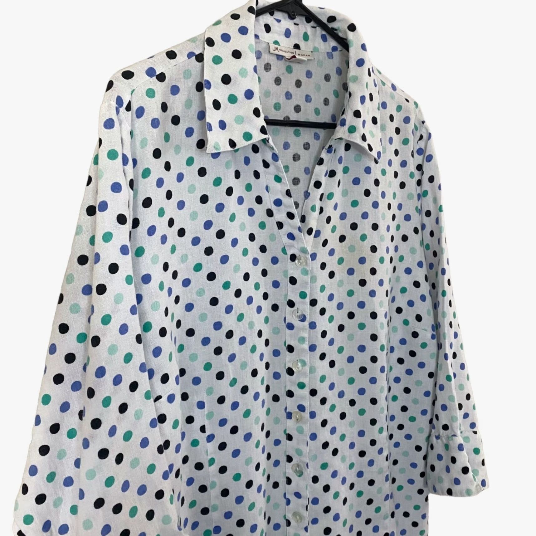 JM Collection VINTAGE JM Collection Linen Polka Dot Button-Up Shirt Blouse White Womens 18W Plus Size 18W (No, not vintage since not specified) Size XXL / US 16-18 / IT 52-54 - 4 Thumbnail