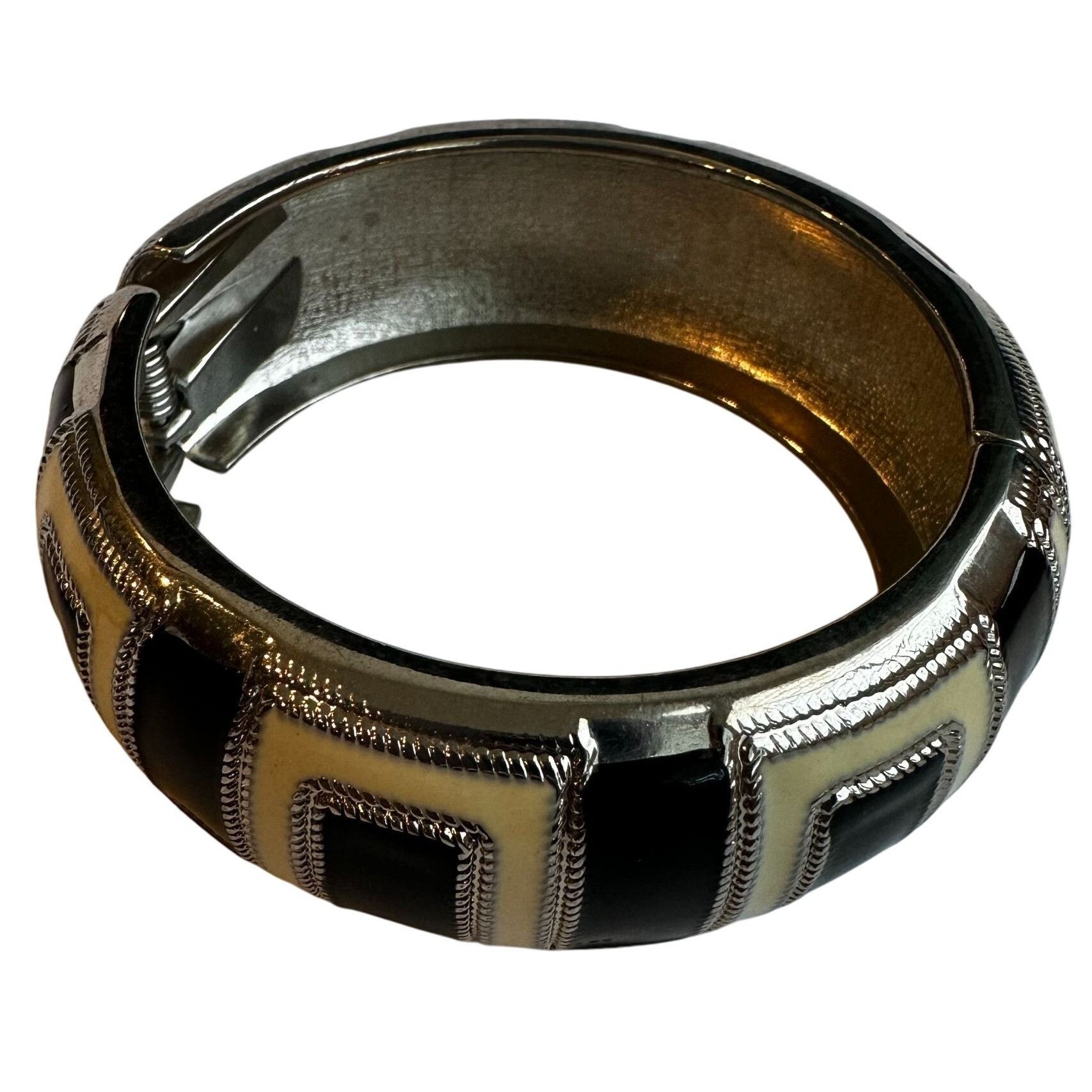 Vintage Vintage Silver & Black Geometric Enamel Bangle Bracelet With Size ONE SIZE - 2 Thumbnail