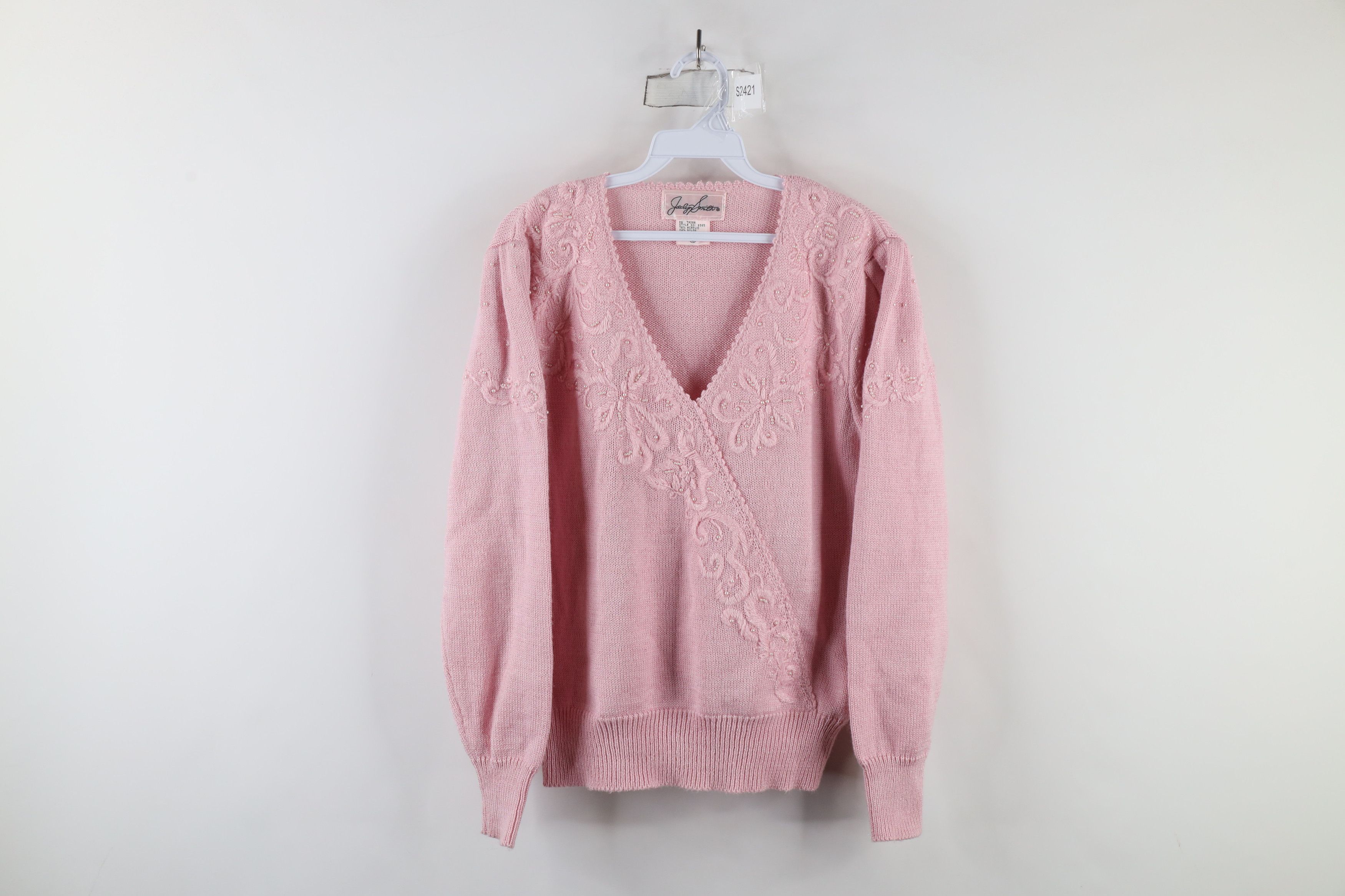 Vintage Vintage 80s 90s Mid Mod Beaded Puff Sleeve Knit Sweater Size L / US 10 / IT 46 - 1 Thumbnail
