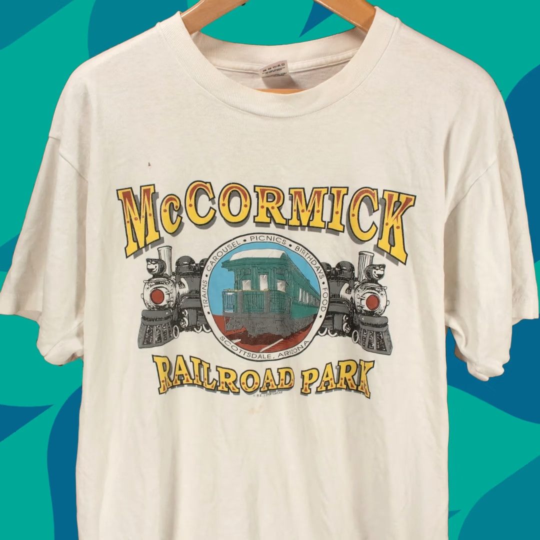 Fruit Of The Loom VINTAGE McCormick Railroad Park Arizona Trains T-Shirt XL White Unisex Adults Cotton Short Sleeve Crew Neck USA 80s 90s Graphic Print Size US XL / EU 56 / 4 - 1 Thumbnail