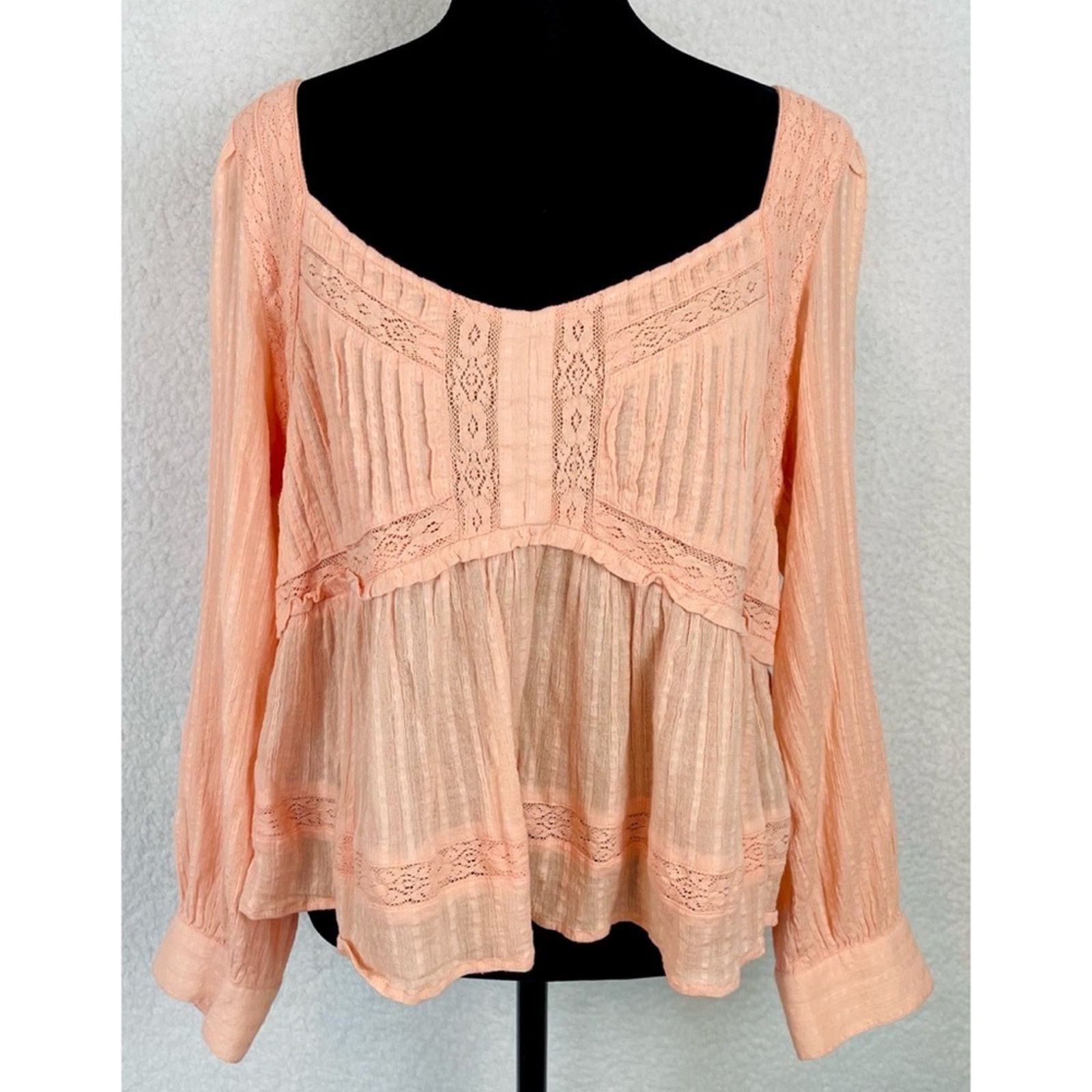 American Eagle Outfitters AMERICAN EAGLE • Peach Boho Long Sleeve Babydoll Blouse Size L / US 10 / IT 46 - 13 Thumbnail