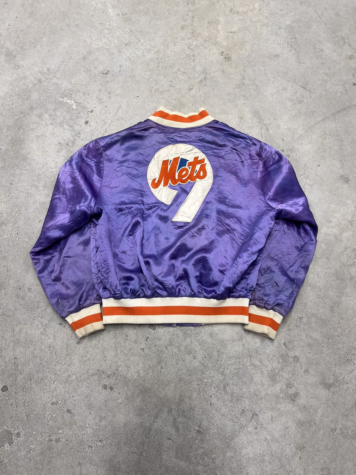 image of 70S/80S Mets Satin Bomber Jacket in Orange/Purple, Men's (Size Large)