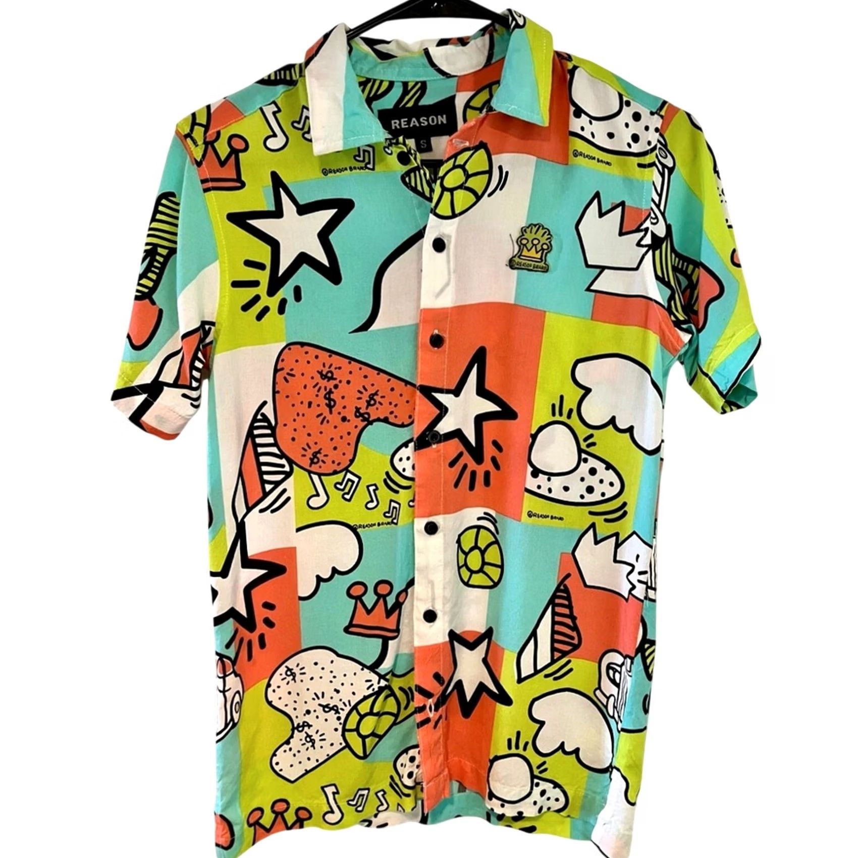 Reason Reason Music Pop Culture Short Sleeve Button Down Shirt White Neon Blue Green S Mens Size US S / EU 44-46 / 1 - 2 Thumbnail