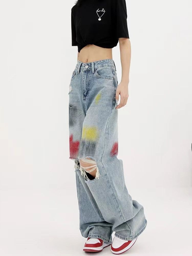 image of Distressed Denim x Vintage Graffiti Blue Washed Distressed Jeans, Women's (Size 27)