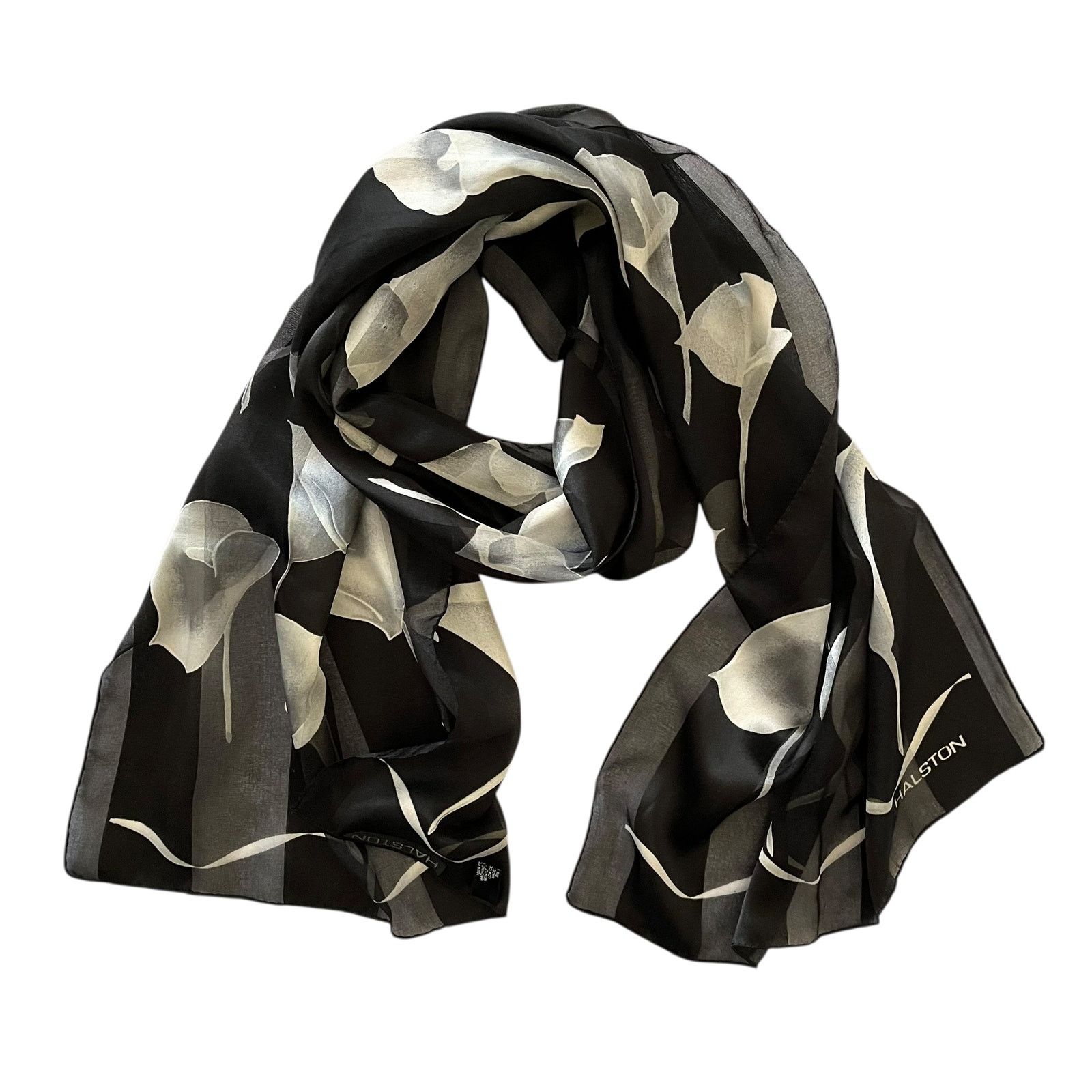 Halston × Vintage Vintage Halston Calla Lily Striped Chiffon Opaque Long Scarf Size ONE SIZE - 8 Thumbnail