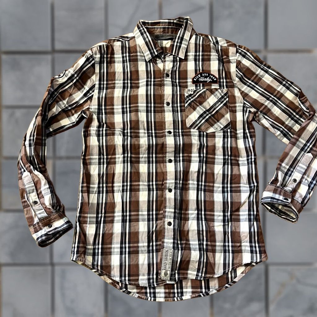Harley Davidson Harley Davidson Shirt Mens Medium Plaid Embroidered Kick Ass Iron Button Up Brown Long Sleeve Regular Mens Size US M / EU 48-50 / 2 - 1 Thumbnail
