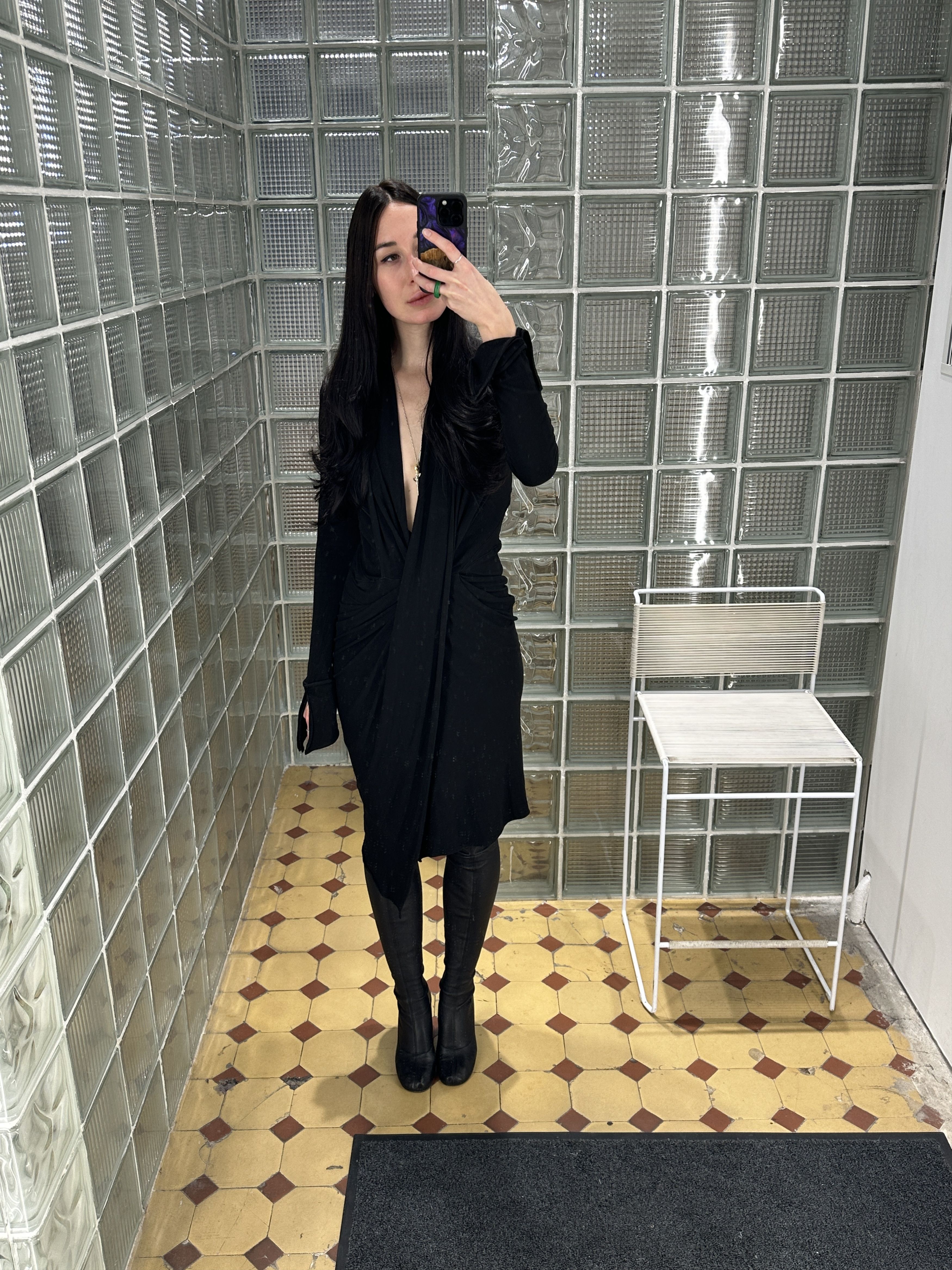 Donna Karan Asymmetrical V-Neck Black Dress