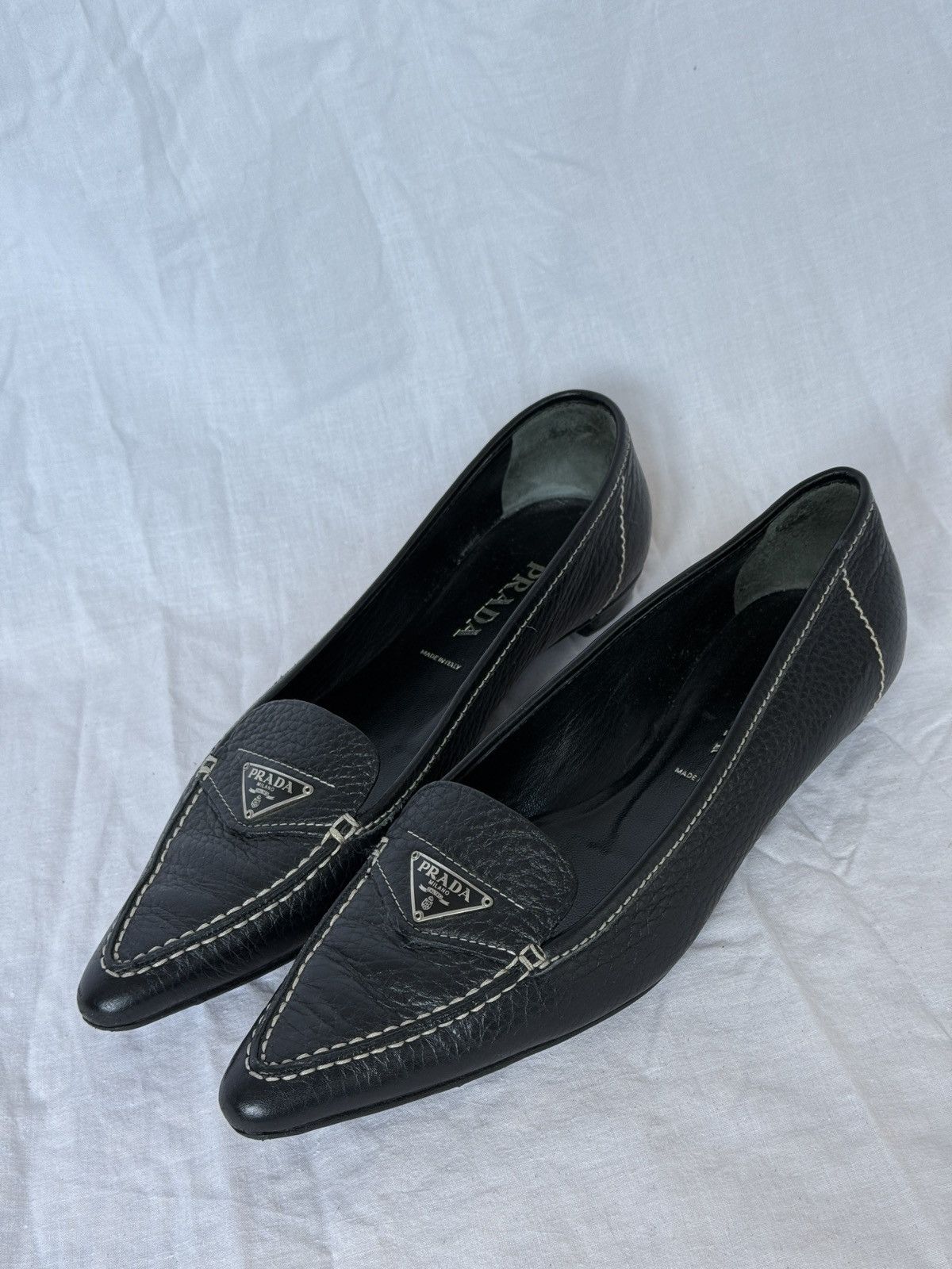 Prada Prada Vintage Black Leather Metal Logo Pointed Toe Flats Size US 7.5 / IT 37.5 - 1 Thumbnail