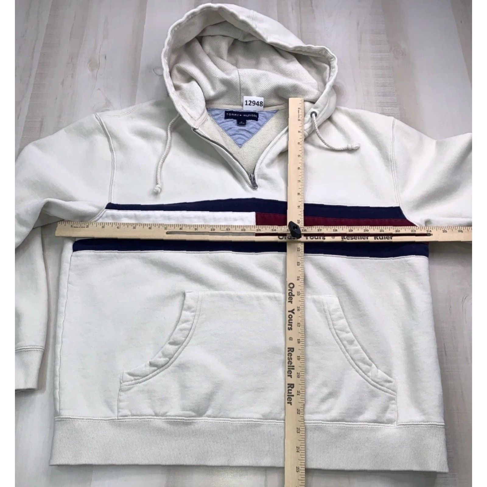 Tommy Hilfiger VINTAGE Tommy Hilfiger Logo Block Quarter Zip Hoodie Mens M Ivory 90s 2000s Y2K Heavyweight Pocket Hooded Pullover Size US M / EU 48-50 / 2 - 5 Thumbnail