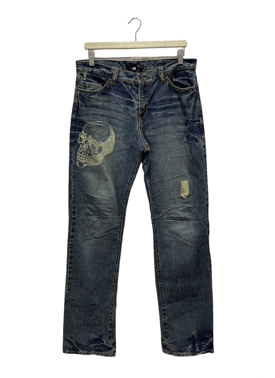 Vintage JAPANESE BRAND SKULL LOGO PRINTED RIPPED DISTRESSED JEANS Size US 34 / EU 50 - 1 Thumbnail