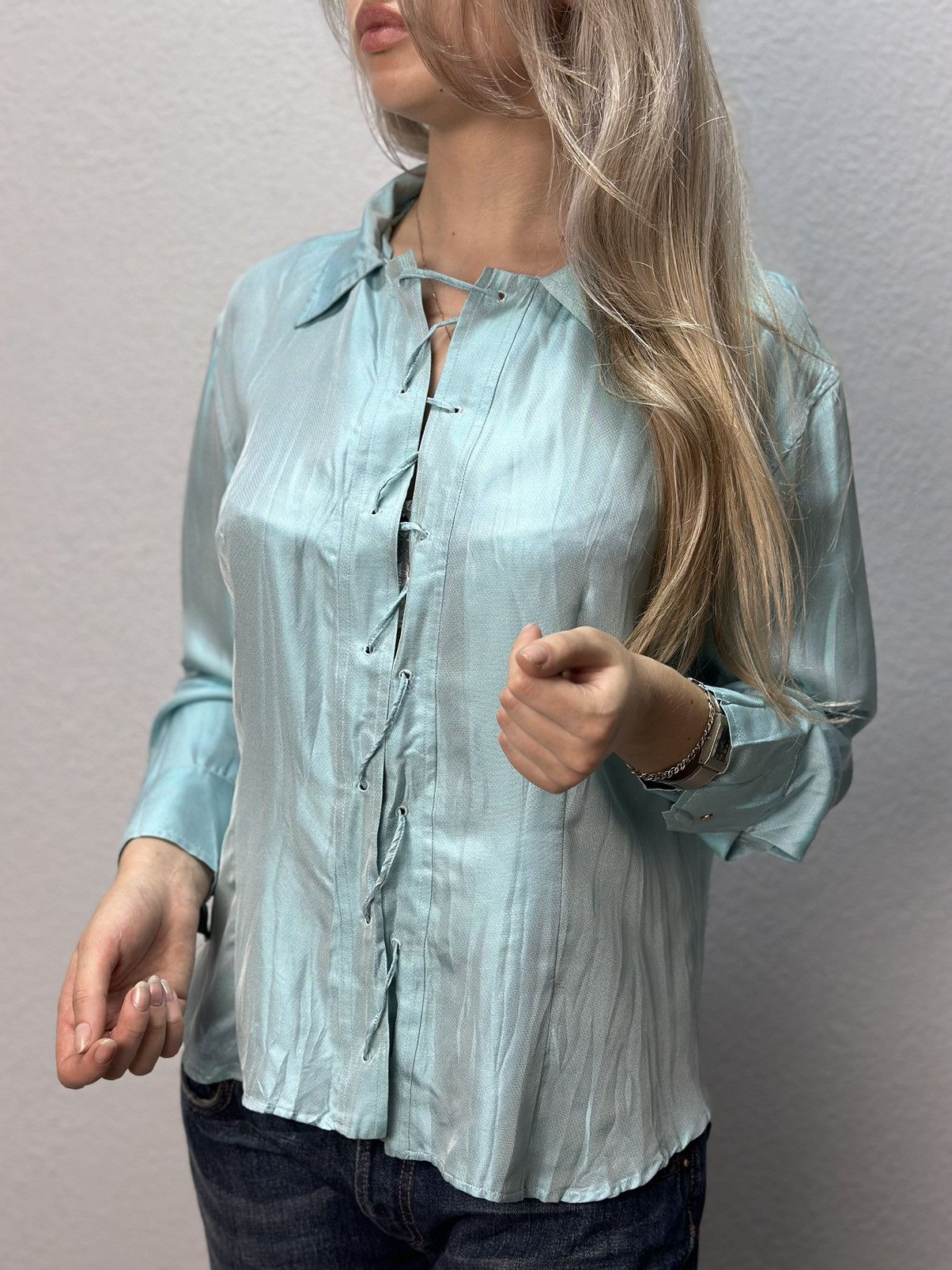 Just Cavalli Roberto Cavalli Silk Blouse Stone Embellished Designer BLUE Size L / US 10 / IT 46 - 1 Thumbnail