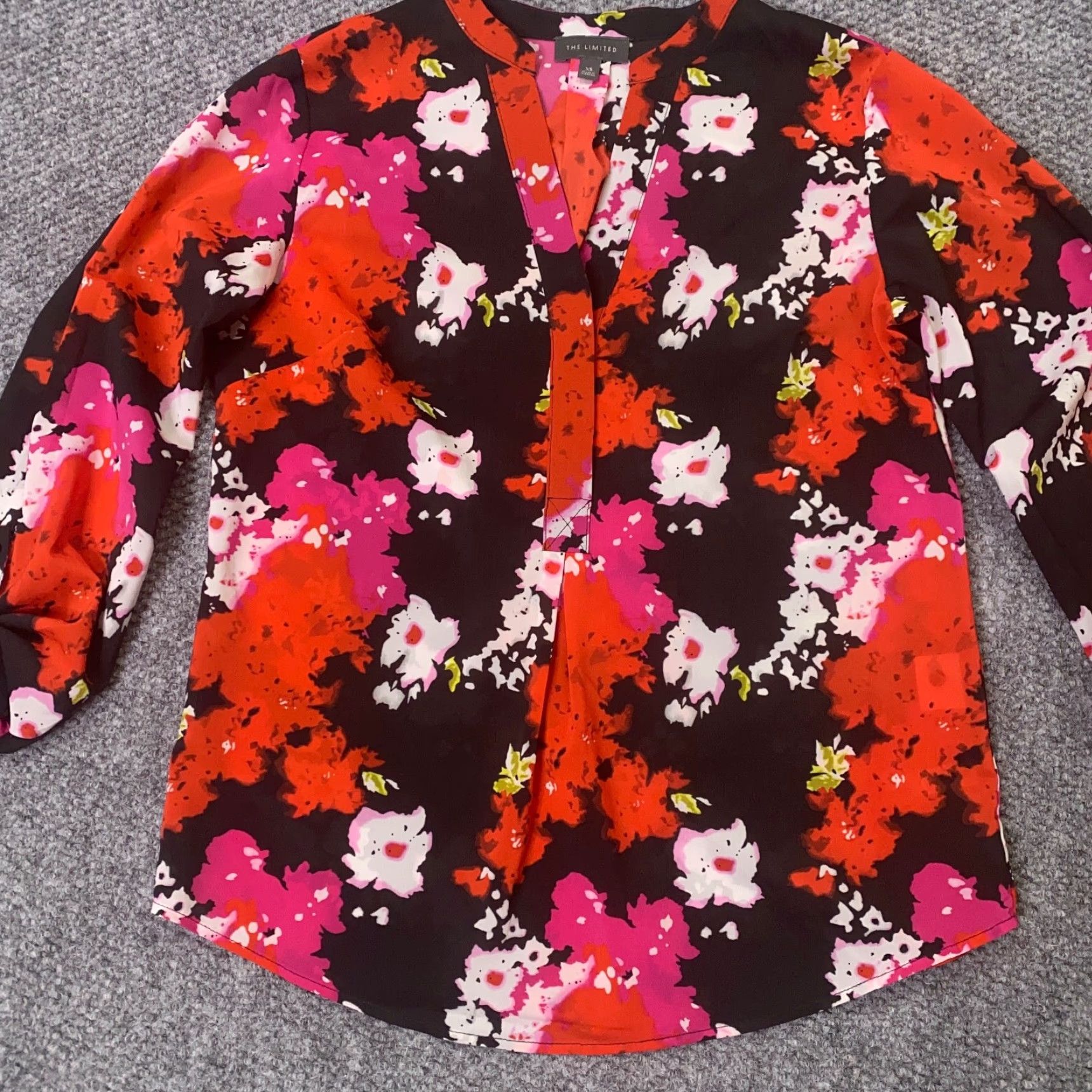 Vintage The Limited Shirt Womens XS Orange Floral Roll-Tab Sleeve V-Neck Flowy Stretch Size XS / US 0-2 / IT 36-38 - 2 Thumbnail