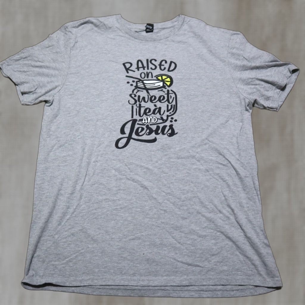 X-LARGE Raised On Sweet Tea And Jesus Tee Mens T-Shirt XL Gray Short Sleeve Cotton Blend Size US XL / EU 56 / 4 - 1 Thumbnail