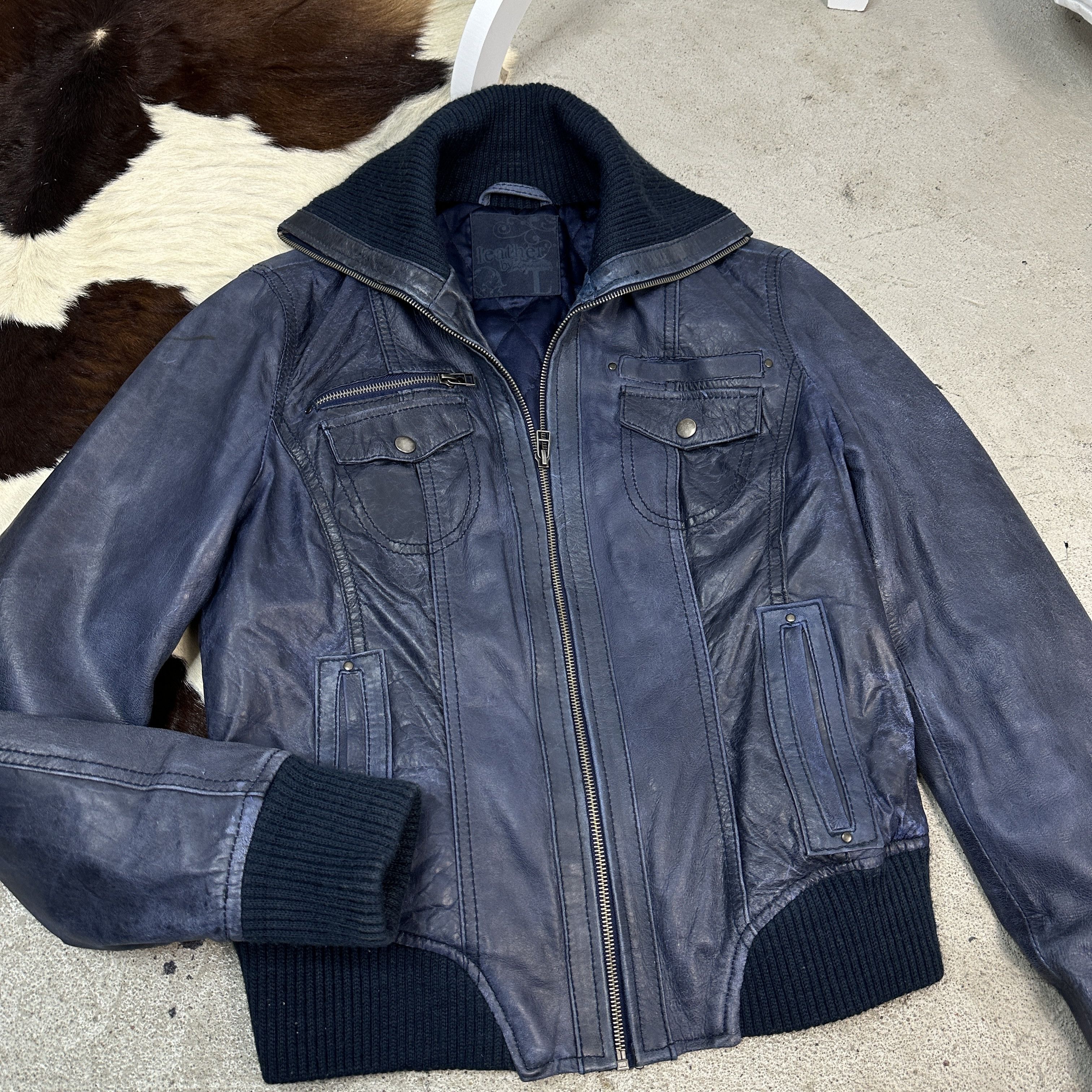 Vintage Vintage Biker Moto Big Collar Faded Navy Blue Leather Jacket Size US M / EU 48-50 / 2 - 2 Thumbnail
