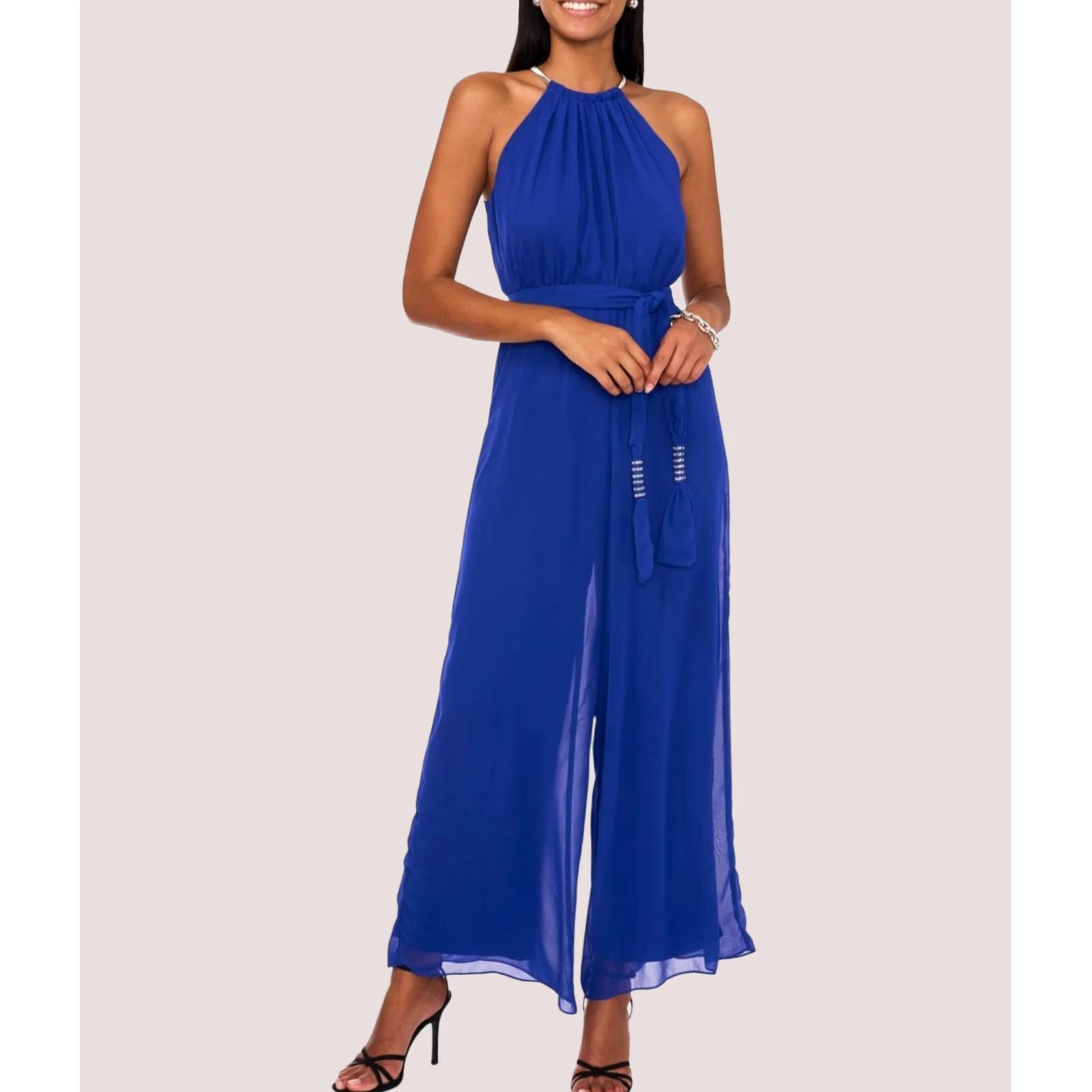 Vintage MSK Womens Chiffon Rhinestone Jumpsuit, brightblue, XL Size 40" / US 18 - 1 Thumbnail