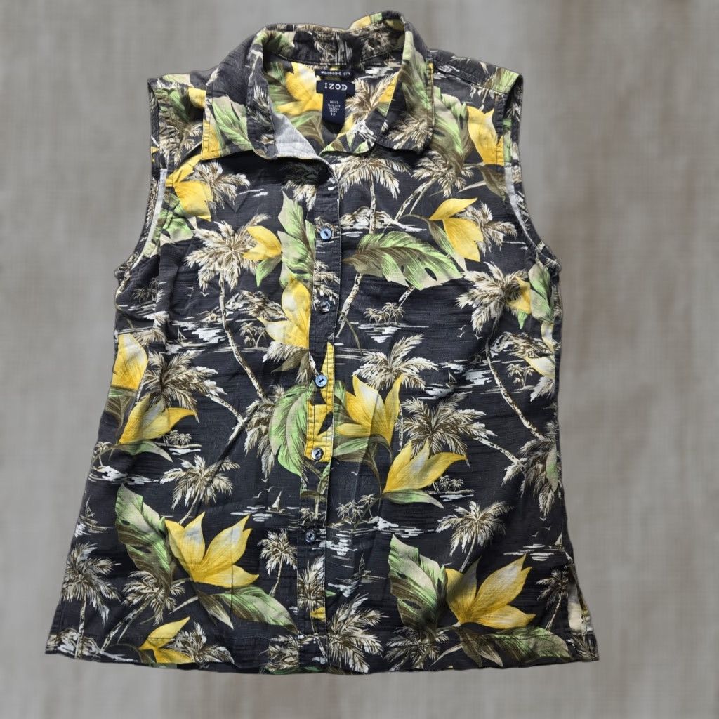 Izod IZOD Hawaiian Shirt Button Up Collared Floral Sleeveless 100% Silk Women's 12 Multicolor Button-Up Shirt Women 12 Hawaiian IZOD Shirt Size XL / US 12-14 / IT 48-50 - 1 Thumbnail