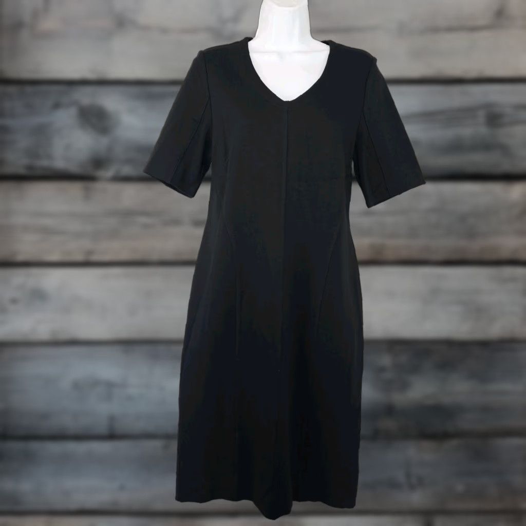 Vintage Cabi 3101 Womens Claire Ponte Knit Sheath Dress Sz 8 Black Short Sleeve V-Neck Knit Knee Length Black 8 Womens Dress Size 30" / US 8 / IT 44 - 1 Thumbnail